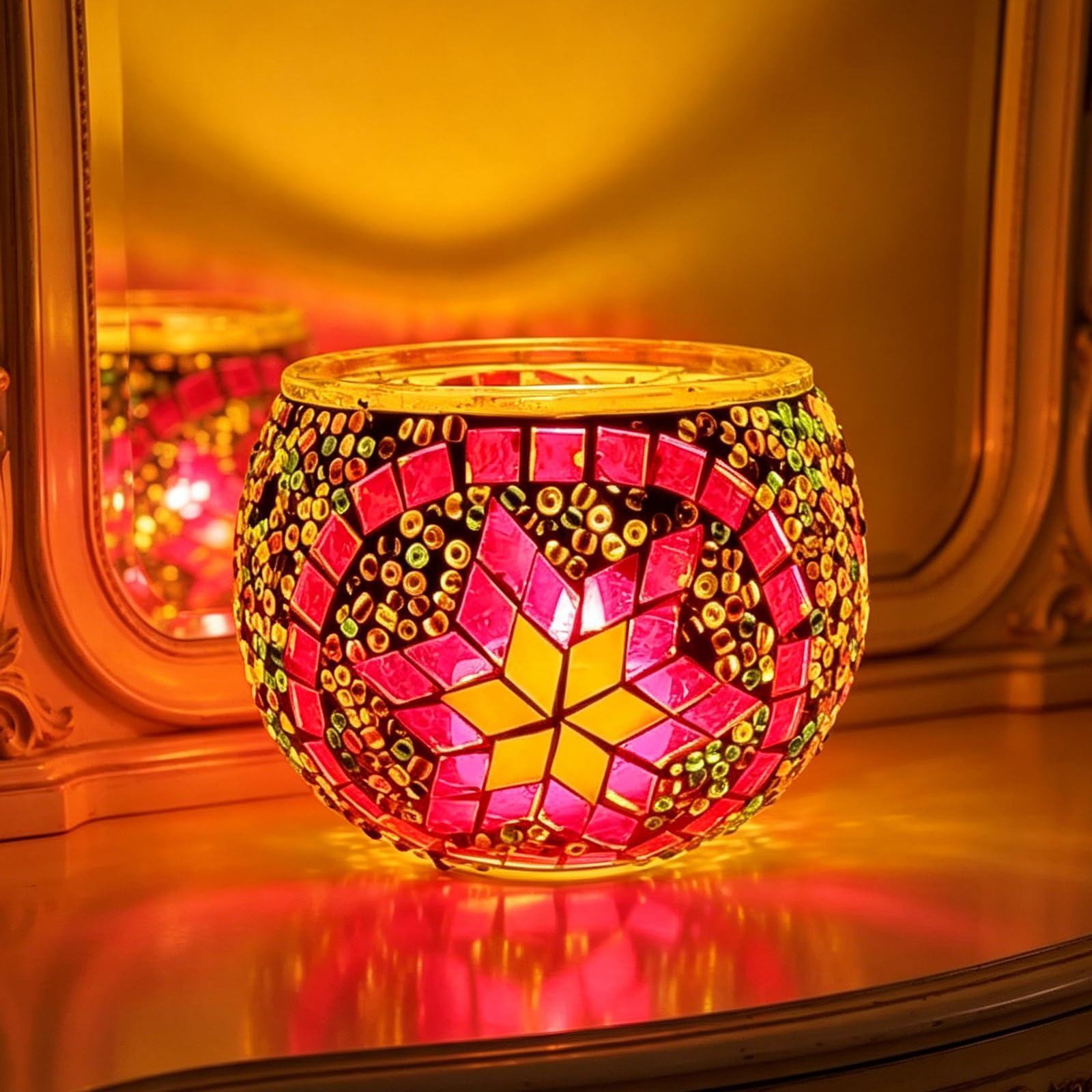 shulovehua Colorful Round Glass Multi-Function Ornament Turkish Mosaic Lamp Decorative Night Light Adult Handmade Turkish Mosaic DIY Kit for Student Desk Pen Holder Storage Balcony Bedroom Desk Decor