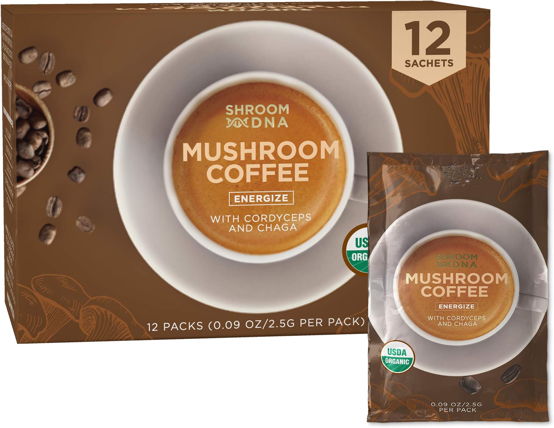 ShroomDNA Organic Mushroom Coffee with Lions Mane and Chaga Mushrooms, Instant Coffee. Instant Focus + Clarity All Day. Vegan, Gluten Free,No Added Sugar | USDA Certified Organic (12 Count Pack)