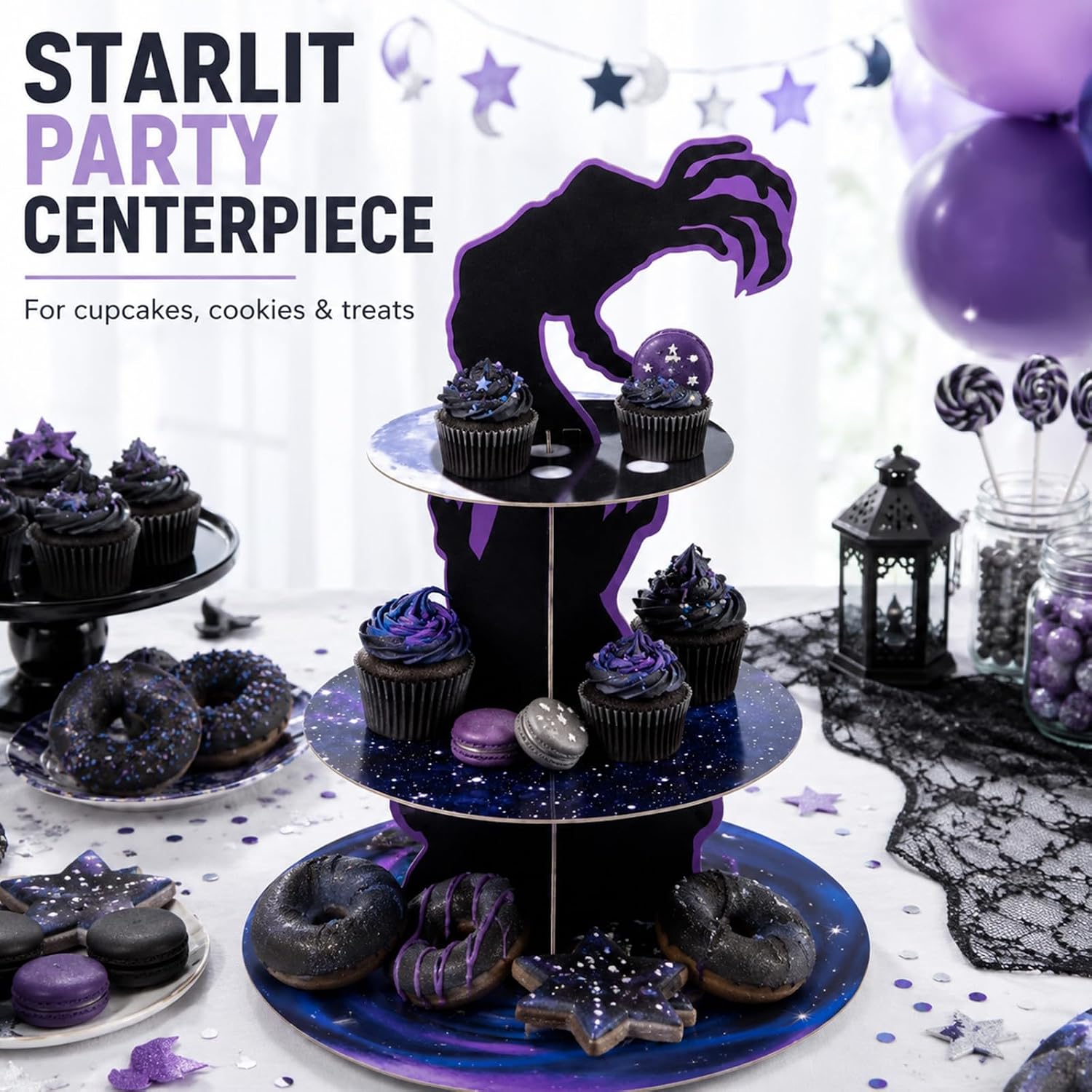 Button Cupcake Stand Button Party Decorations Cartoon Movie Theme Dessert Stand 3 Tier Cupcake Stands for Horror Cartoon Movie Theme Birthday Baby Shower Halloween Party Decorations Supplies image 5