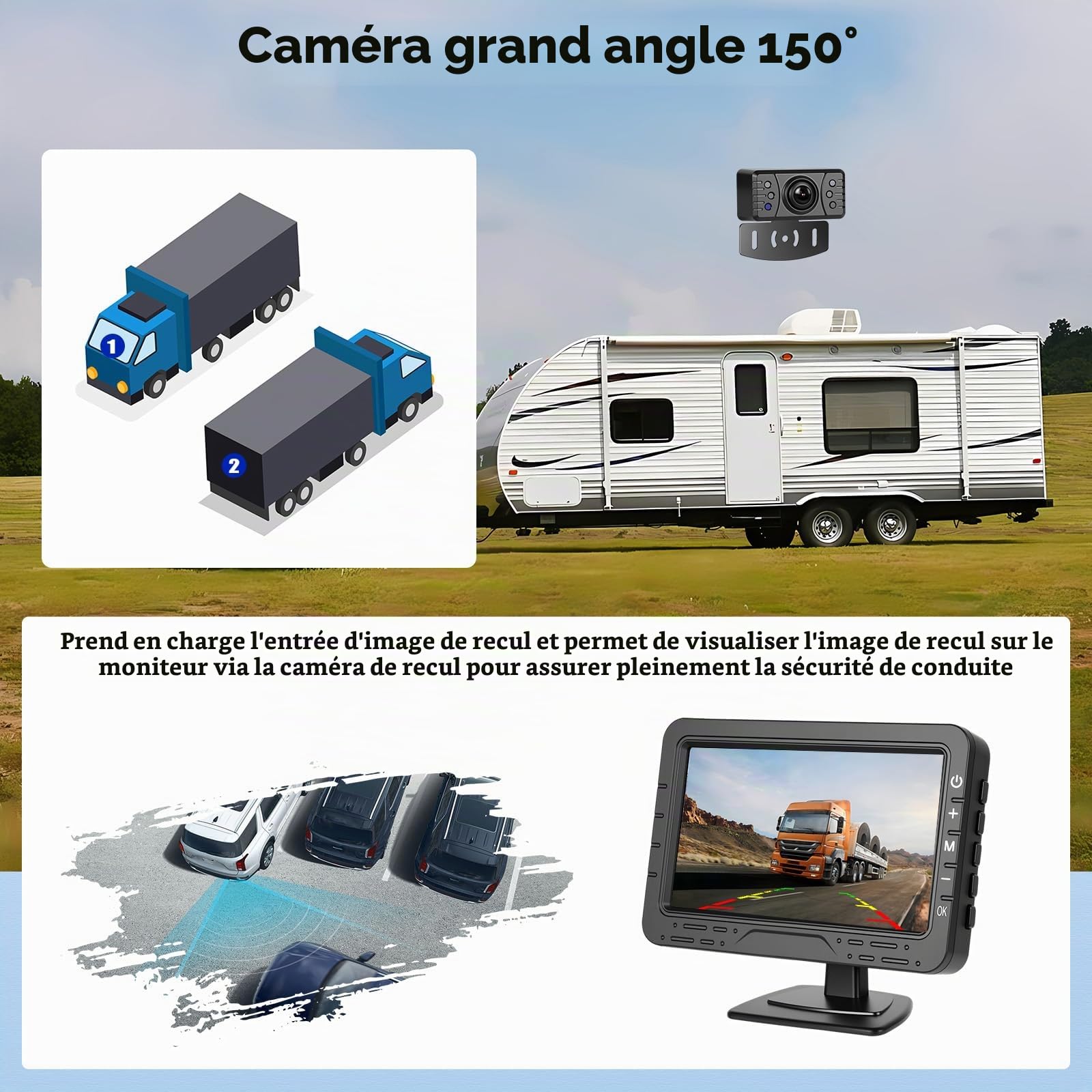 Camera de Recul sans Fil AHD avec 4.3 Pouces Signal Numérique IP68 Étanche Vision Nocturne Ventouse Grand Angle Peut Facilement Installer La Caméra De Plaque d'Immatriculation DC12V