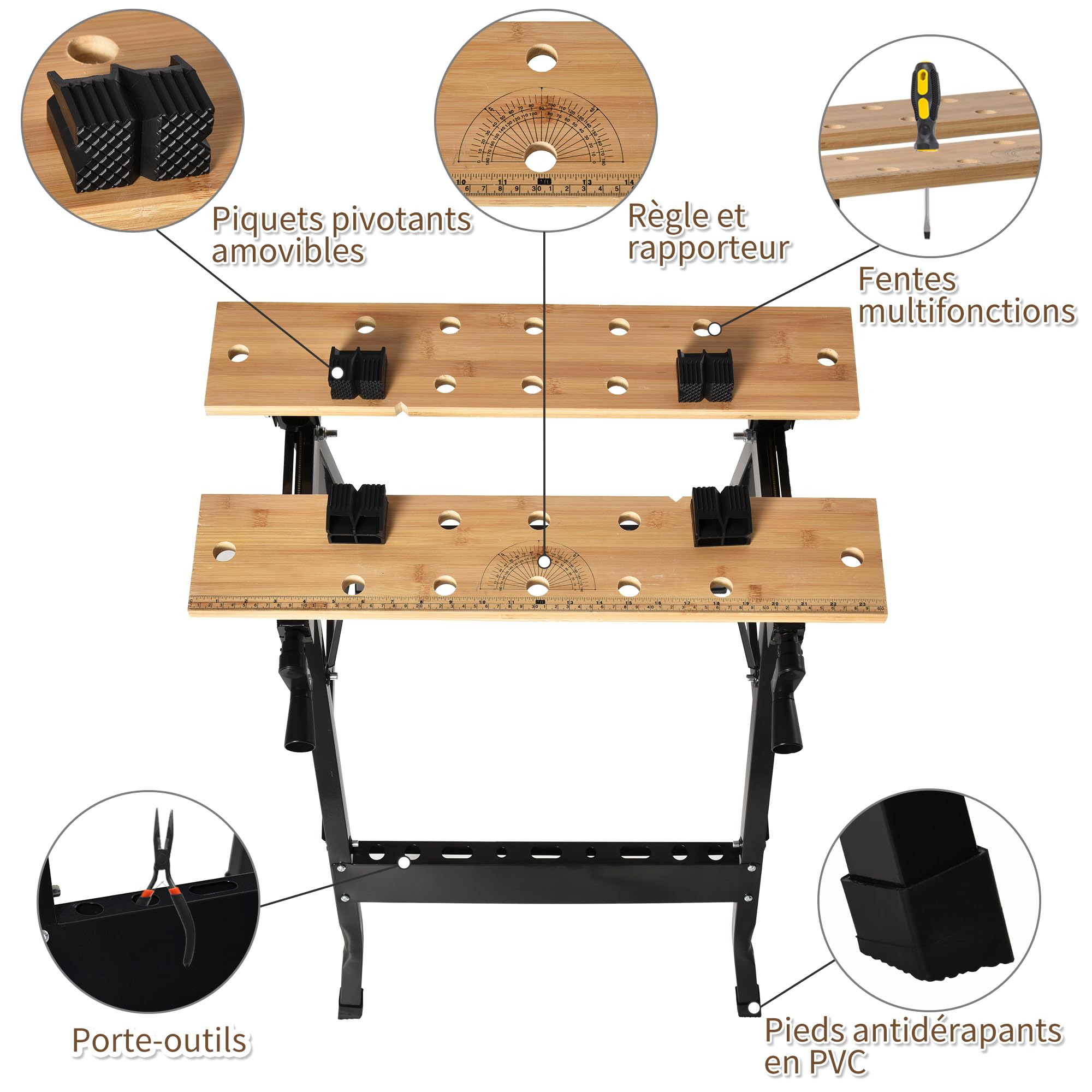 HOMCOM Établi Pliant établi de Serrage avec 4 Serre-Joints Table de Travail chevalet de sciage, Charge 150 kg, Structure en Acier, Plan de Travail pour Chantier Atelier Garage, 63,5x60,5x78cm, Noir