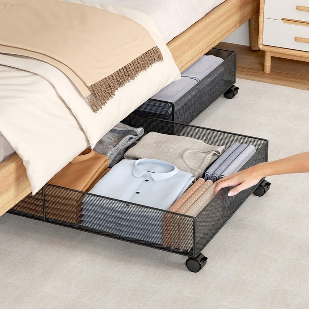 Caja de almacenamiento de metal debajo de la cama con ruedas, organizador de gran capacidad de 60 x 40 x 17 cm con bordes elevados de 12 cm para ropa, zapatos, libros, negro (negro)