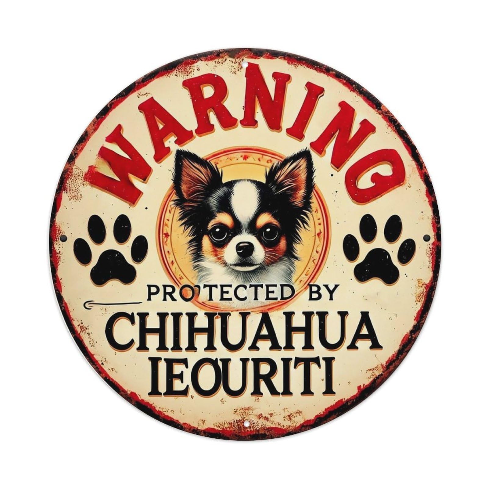Warning Chihuahua Protected By Ieouriti Retro Metal Sign Round Tin Sign, Vintage Decor Art Poster for Bar, Home, Man Cave, Kitchen, Laundry Room Gift 8x8Inch