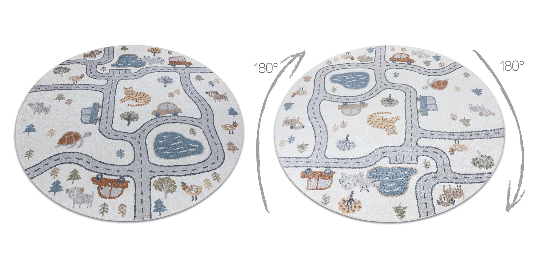 rugsx Tappeto bambini BONO 8283 Per la stanza del bambino, tappeti da gioco, camera dei bambini, Strada, animali, crema/grigio chiaro, cerchio 100 cm