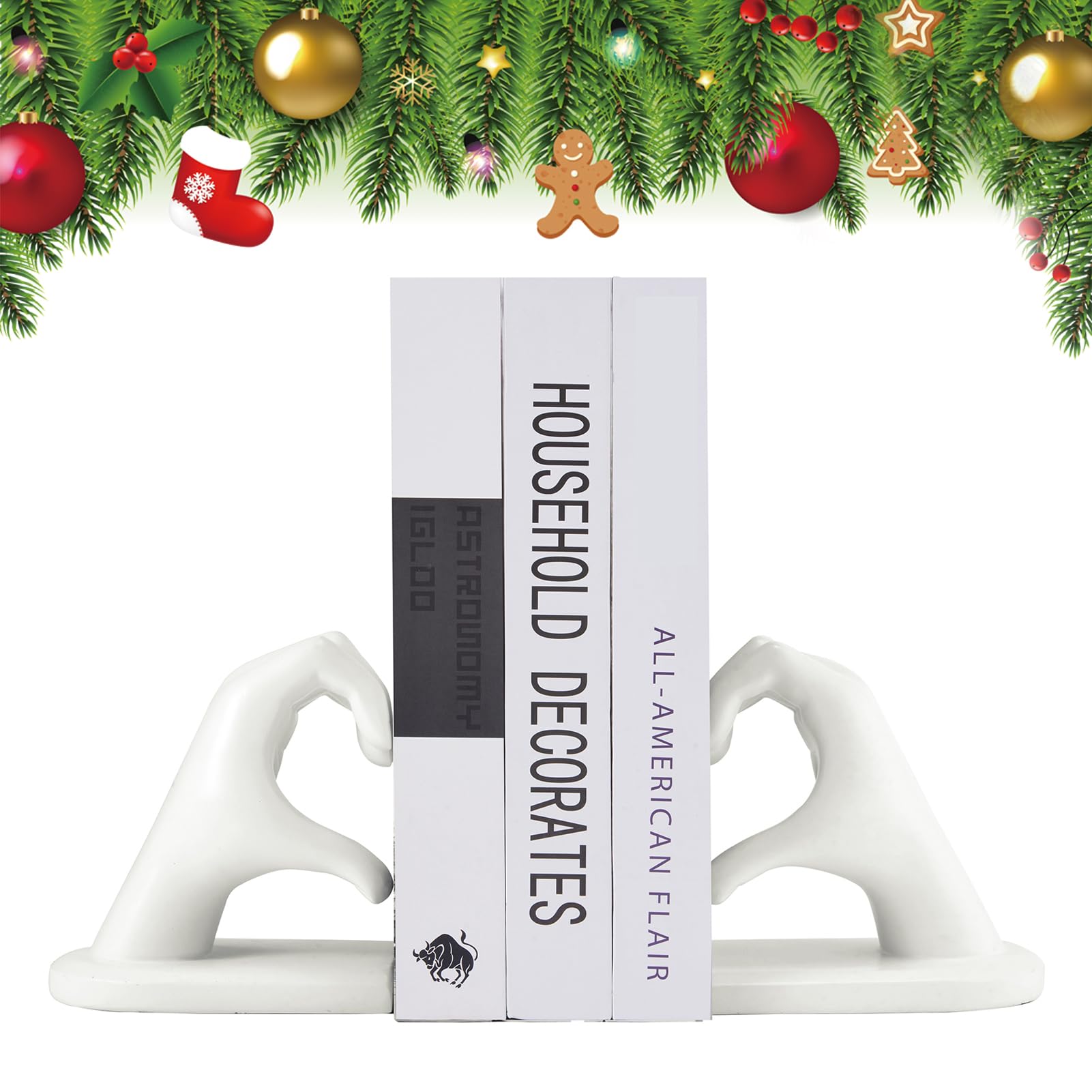 White Bookends, Book Ends for Shelves, Heavy Duty Bookend Holder, Book Stopper Holder, Resin Finger Heart Shaped, White Decorative Bookends for Desktop Bedroom Study Room