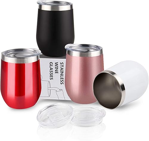 Miniatura 9 de Sivaphe Paquete de 4 vasos de vino aislados con tapa deslizante de 12 onzas líquidas, taza de viaje al vacío de doble pared de acero inoxidable,