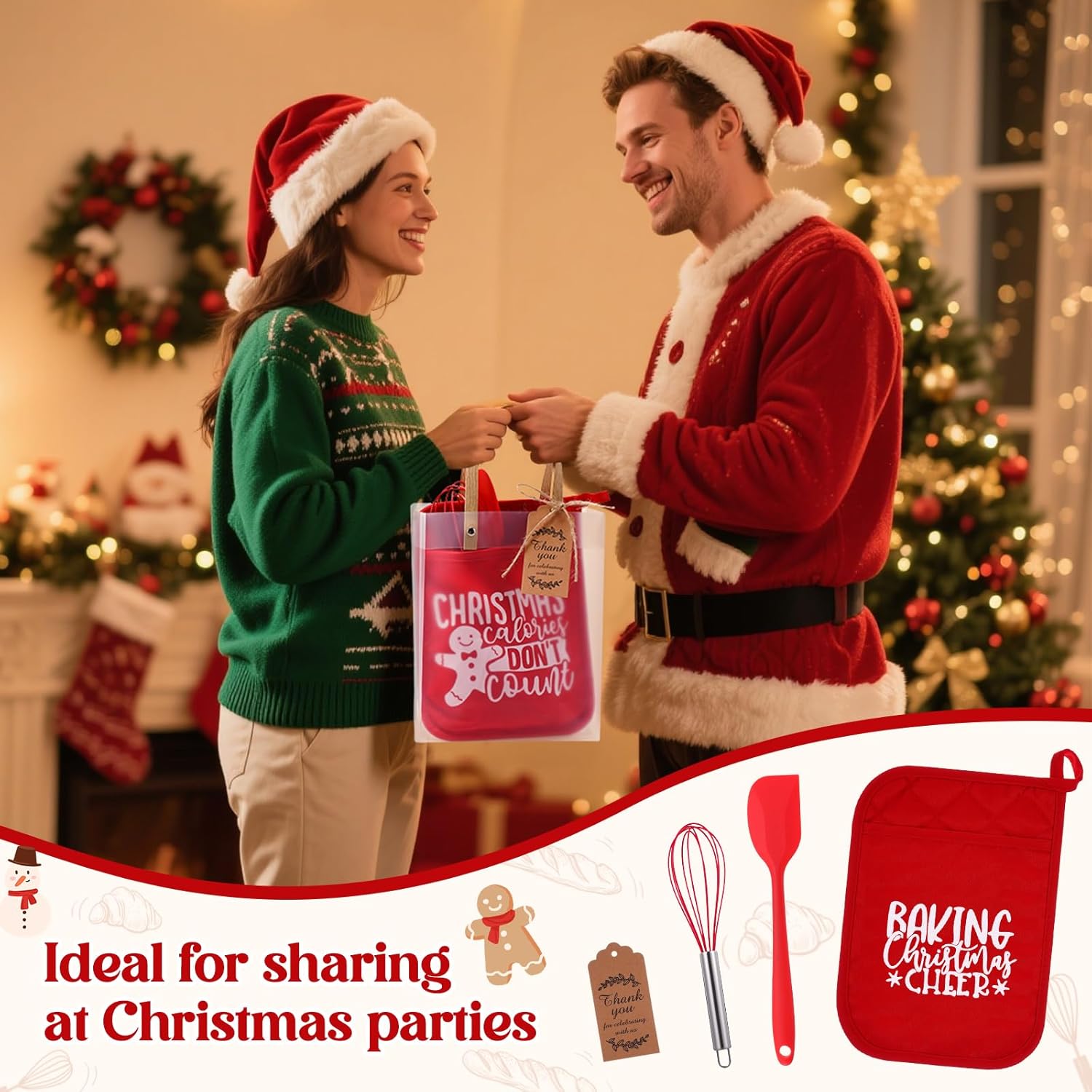 Remerry 6 Sets Christmas Baking Gifts Set Christmas Oven Mitts Pot Holders Red Oven Mitts Set Silicone Whisks Spatulas Greeting Card Rope Plastic Bags for Neighbor Employee Xmas Cooking Gifts Supplies