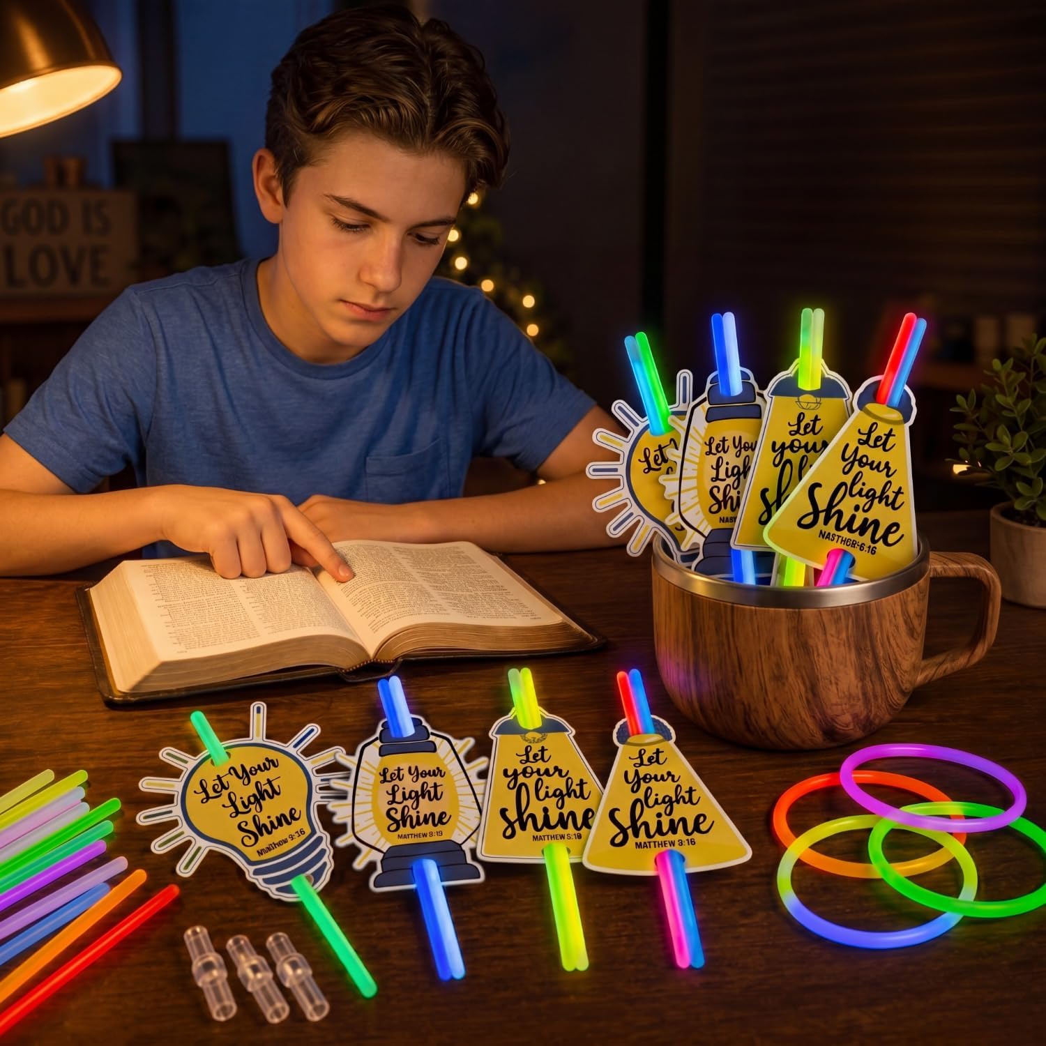 50 Sets VBS 2026 Let Your Light Shine Bulb Illumination Decoration 50 Religious Jesus Bible Mattehew 5:16 Gift Cards 100 Glow Sticks for VBS Church Sunday School Favors