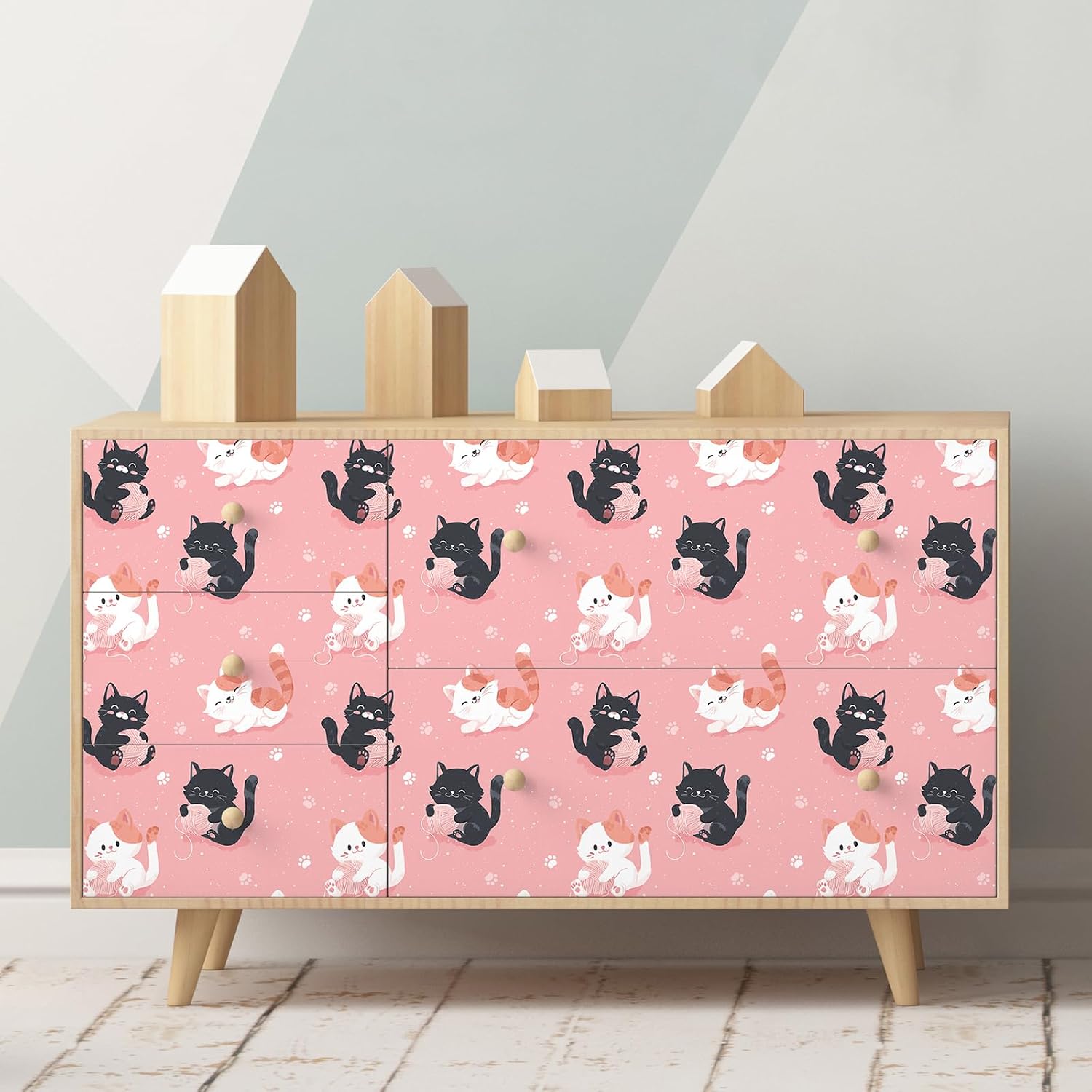 CHIHUT Salmon Pink Yarn Ball Cat Wallpaper Self Adhesive Fun Kitten Wallpaper Peel and Stick for Nursery 17.7"x236" Removable Self Adhesive Cat Paw Speckles Print Contact Paper for Cabinets Drawers