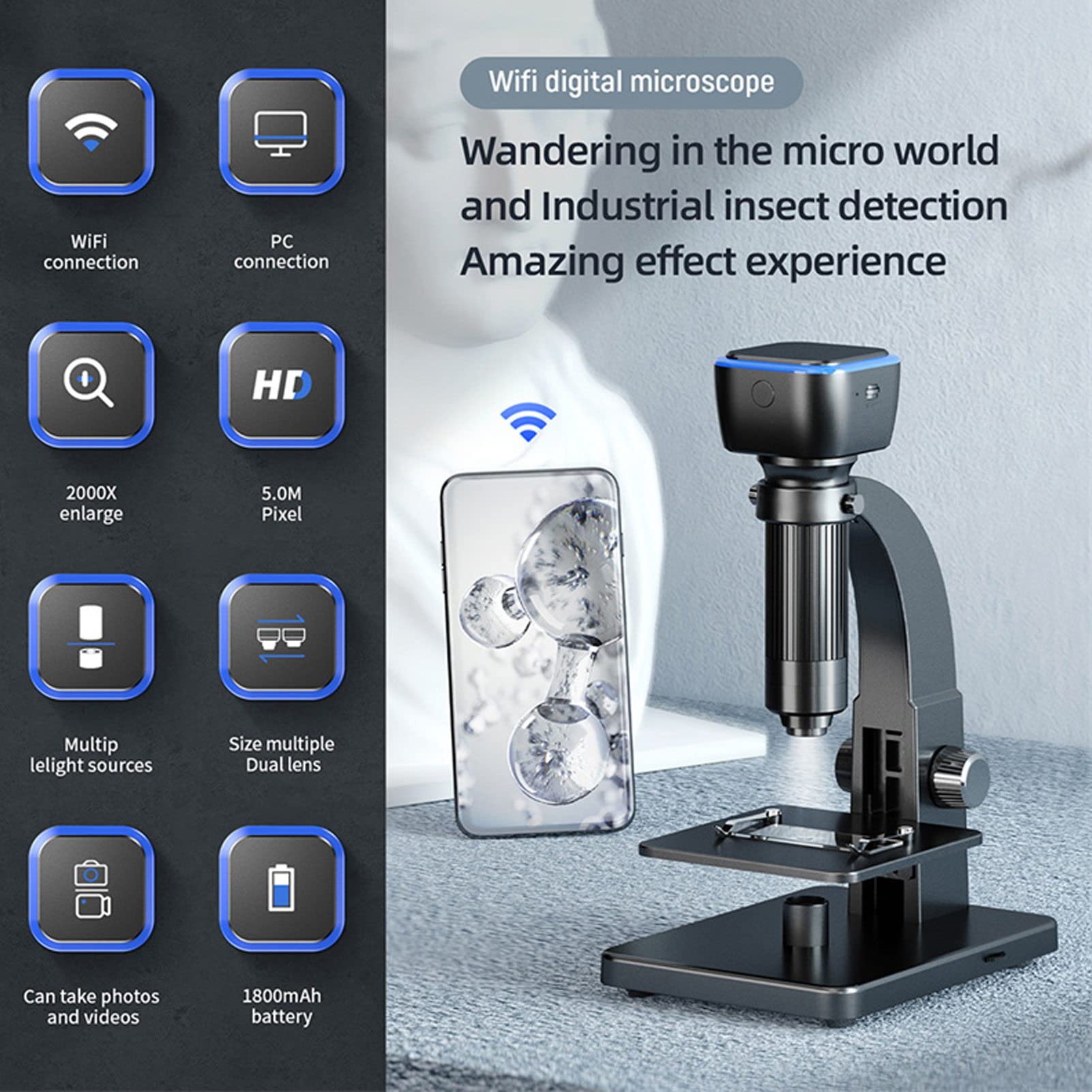 Microscopio Digital WiFi, Microscopio de Doble Lente con Aumento de 2000X con Cámara HD de 5 MP, Compatible con Conexión WiFi o USB, para Android 8.0, iOS 8.0, para Windows