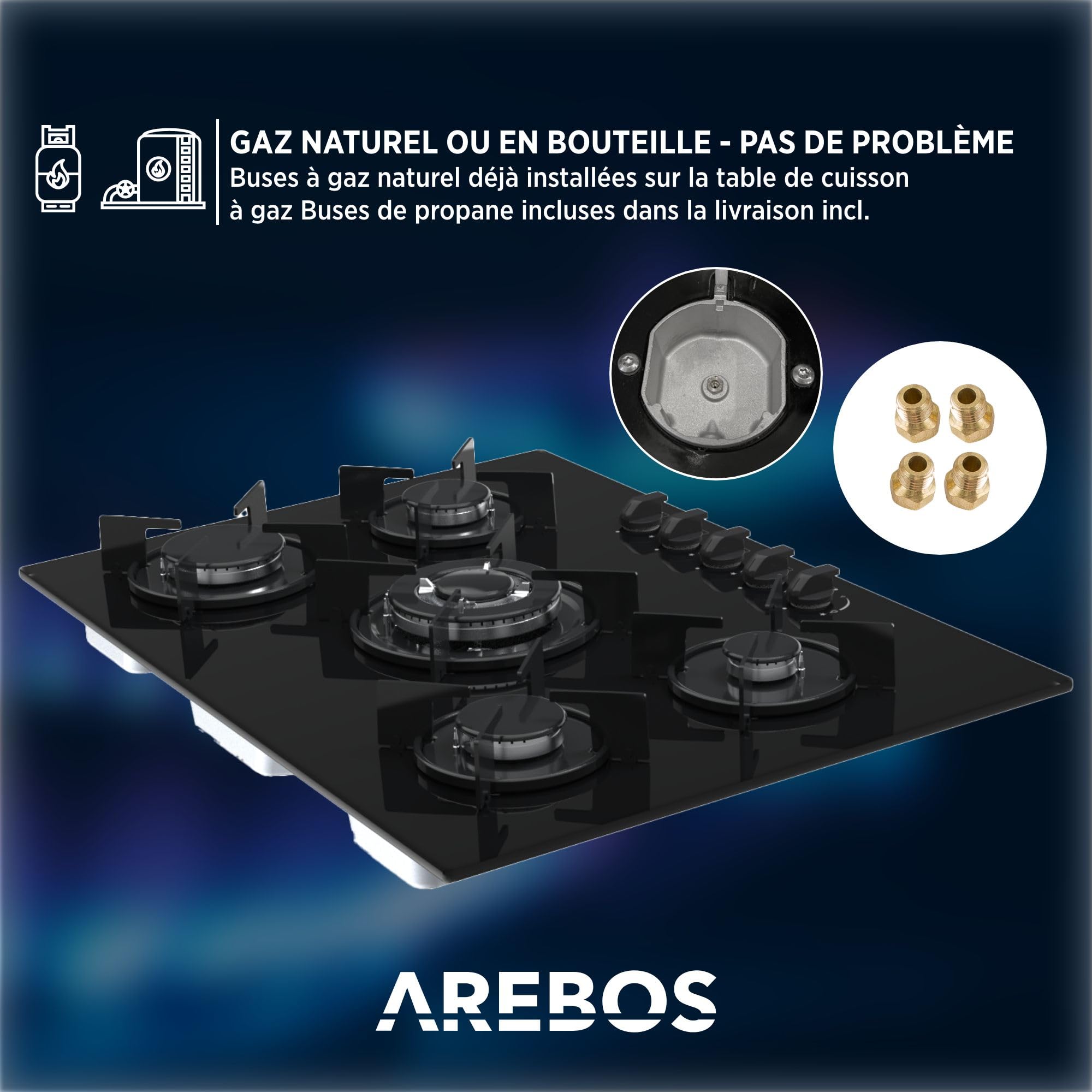 Arebos Plaque de cuisson à gaz 70 cm 5 brûleurs | Verre trempé | Encastrable avec supports en fonte | Compatible gaz naturel et propane | Sécurité d’allumage intégrée