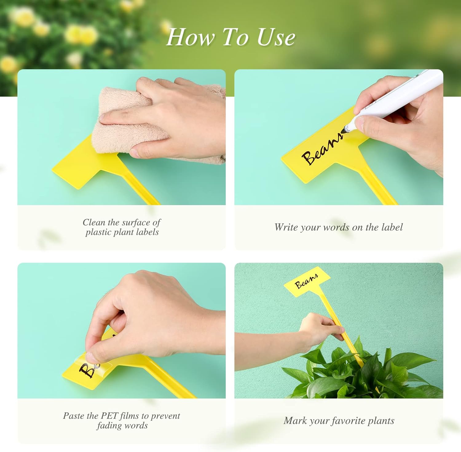 202 Pcs Large Plant Labels Kit, Include 100 Outdoor Plastic Plant T Type Tags Waterproof Reusable Plant Markers Stakes, 100 PET Films and 2 Marker Pens for Garden Herbs Flowers Pot (Yellow, 11.8 Inch)