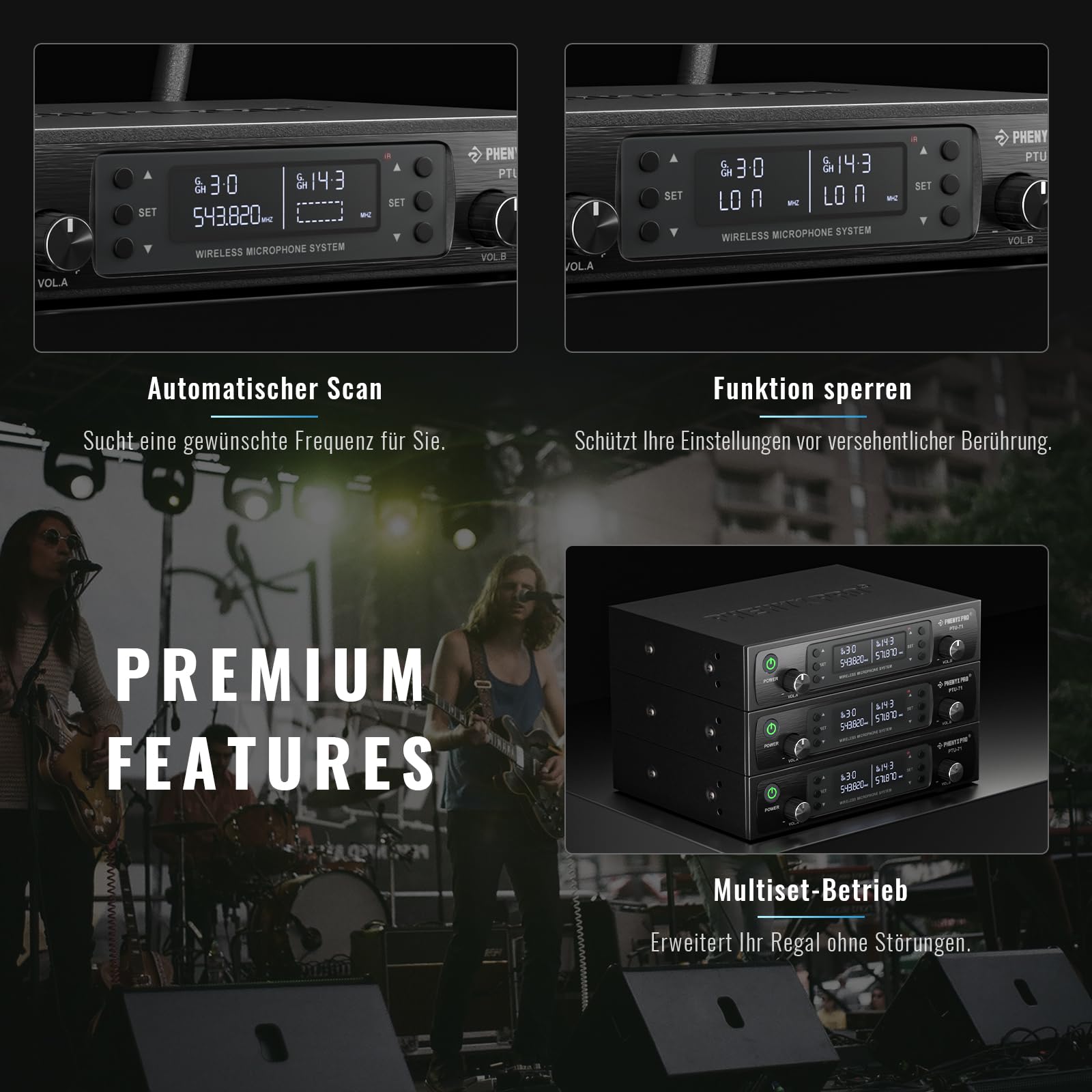 Phenyx Pro Funkmikrofon-System UHF Dual Auto Scan PTU-71-2B | 2 Bodypacks, 2 x 100 Frequenzen, 328 ft Reichweite, Freihand-Sprechen, Live-Gesang, Gottesdienste, DJ-Sets