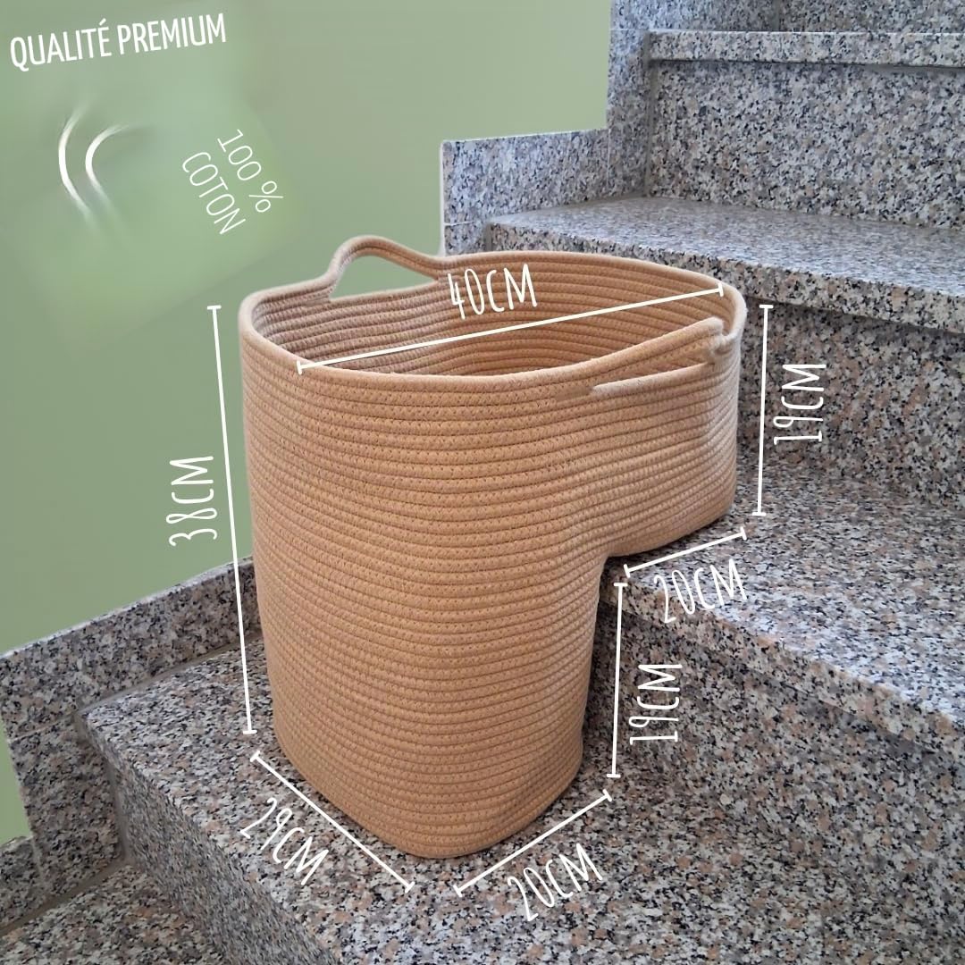 Panier d'escalier en coton solide beige - Pour plus d'ordre dans la maison - Panier à marches, sac d'escalier, forme de L, beige
