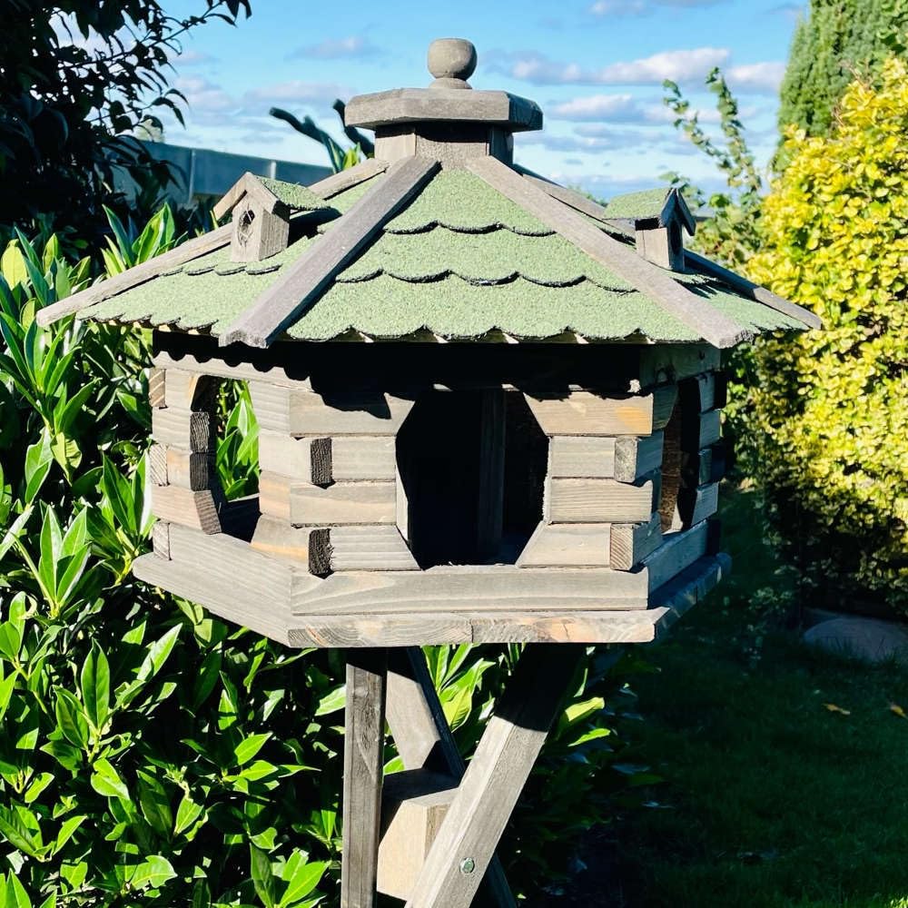 Vogelfutterhaus XL Sechseck Vogelhaus + Ständer Futterstelle Braun/Grün