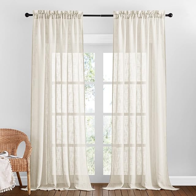 PONY DANCE Living Room Voile Curtains - Linen Sheer Curtains with Slot Top for Sliding Glass Door Semi Transparent Sheer Curtain Drapes for Home Decoration, 2 Pieces, W 52 - D 95 inches, Beige Cream