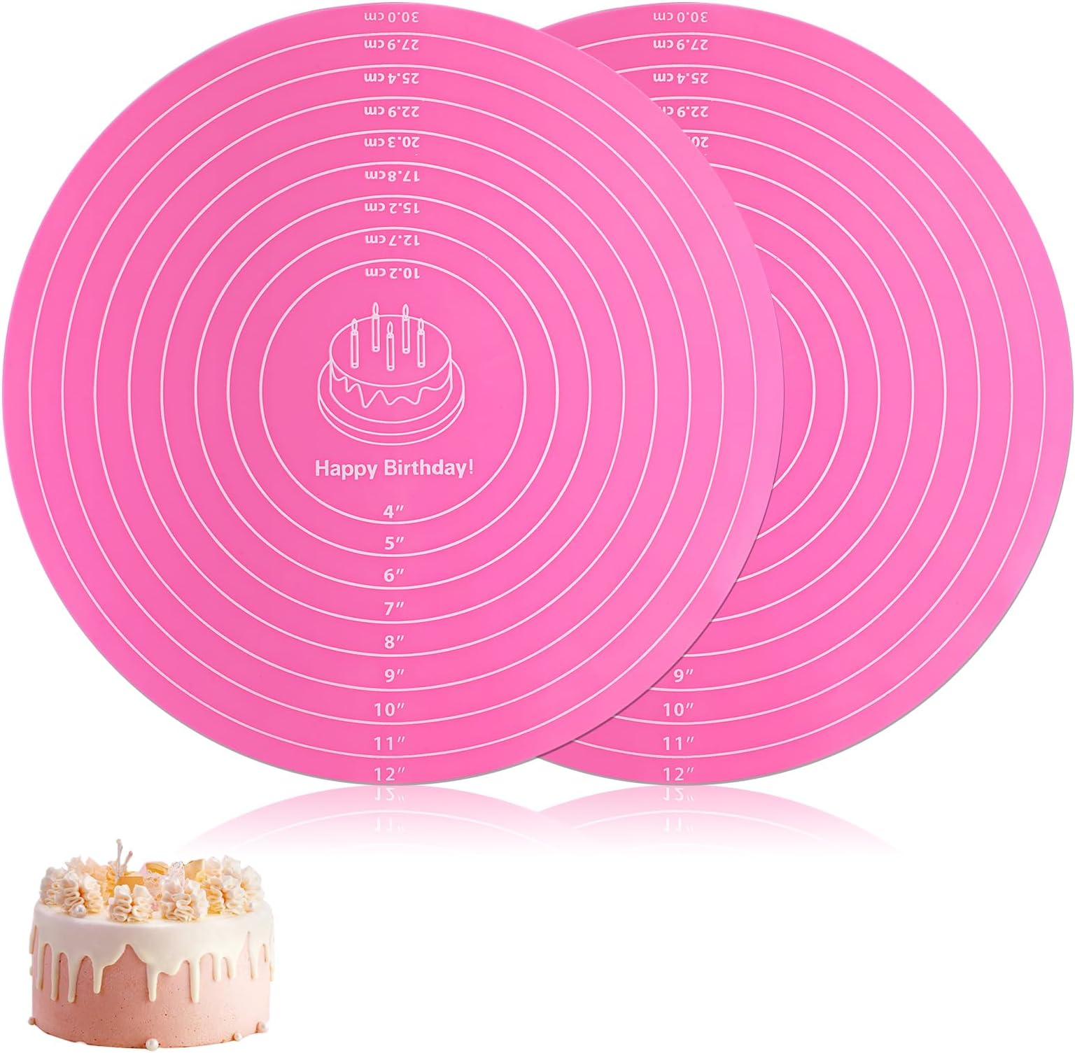 2 PCS 12 Inch Silicone Cake Mat, Pink Round Baking Mat with Measurements Reusable Cake Turntable Mat Non-Stick Heat Resistant Pastry Mats for Rolling Out Dough Cake Pizza Cookies
