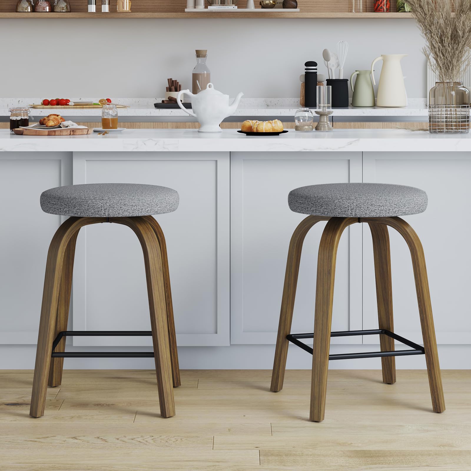 Furniliving Swivel Backless Bar Stools Set of 2, 26'' Counter Height Barstools with Sturdy Bentwood Frame, Mid-Century Modern Kitchen Island Stools