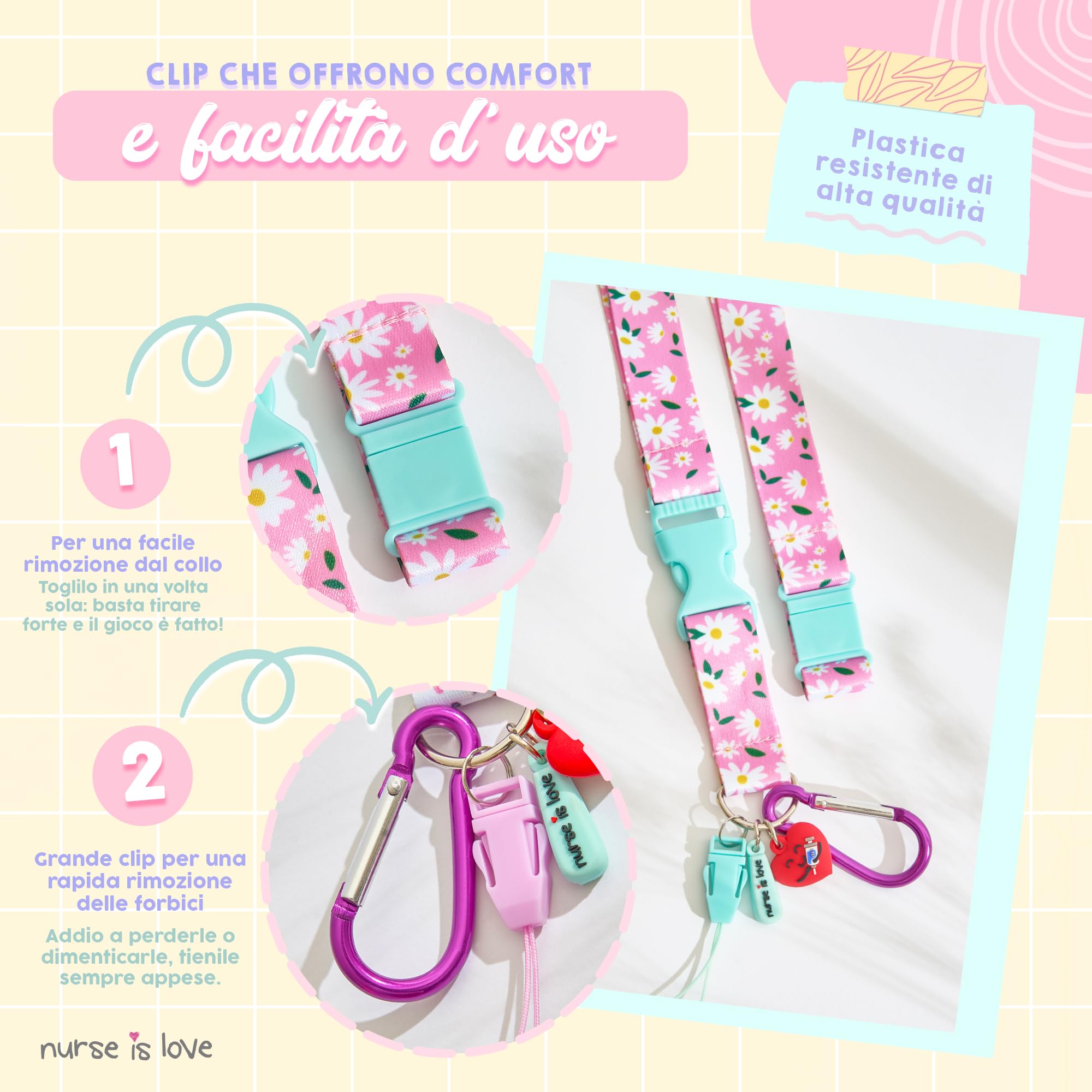 Nurse is Love Set Infermiera e TCAE (3 pezzi). | Organizer Infermiere + Porta Badge da Collo + Forbici Infermiere Curva | Regali Personalizzati - Kit Accessori - DAISIES