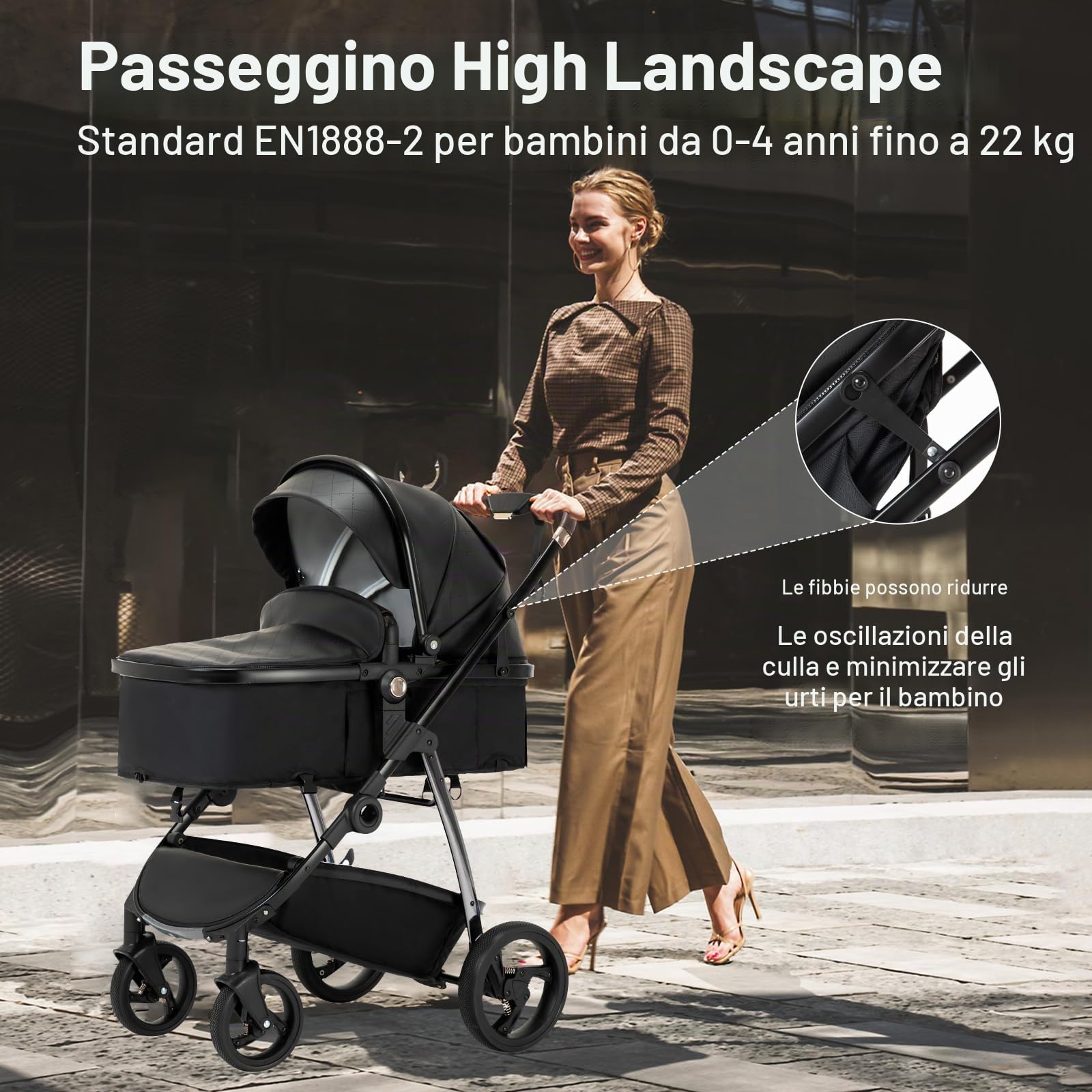Cuoi Passeggino Combinato 3 in 1, Passeggini Cittadini Con Seggiolino Auto ECE R129, Passeggino Portatile Pieghevole In Un Clicco, Navicella Flessibile Convertibile Telaio In Alluminio Per