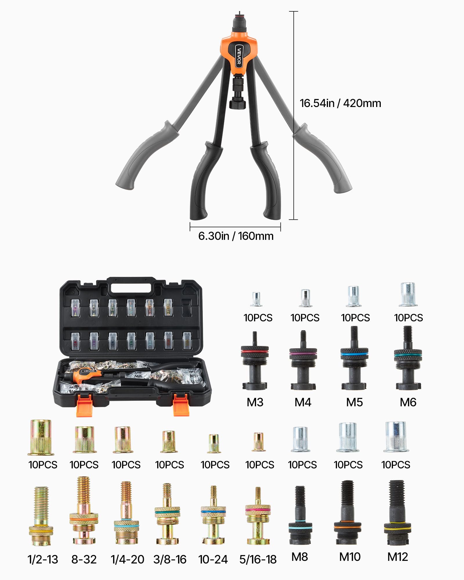 VEVOR Kit Rivettatrice per Inserti Filettati a Due Mani da 430 mm, con 13 Mandrini e 130 Dadi, con Robusta Custodia per il Trasporto, per Montaggi Metallici, Mobili, Autoveicoli e Riparazioni DIY
