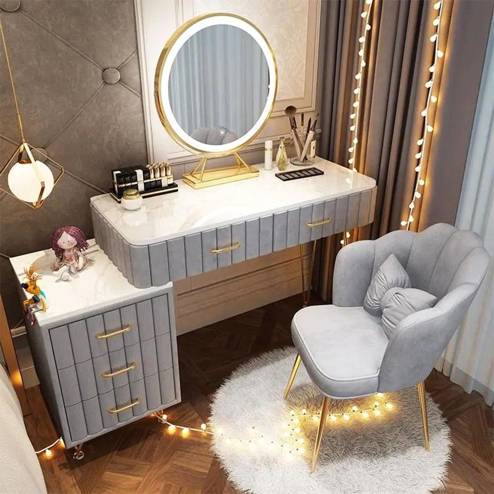 asdchZen Modern Makeup Vanity Desk With 5 Drawers Adjustable Brightness & 3 Lighting Modes-Perfect Dresser Table For Bedroom Women'S Makeup For Girlfriends