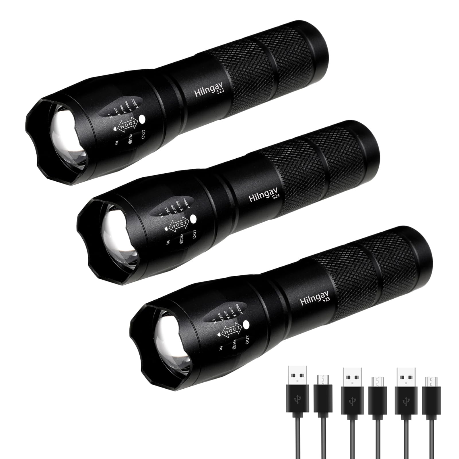 Hilngav 3 Pack LED Rechargeable Flashlight, Super Bright Small Mini Camping Flashlights Zoomable Beam, Convenient USB C Charging for Camping Hiking