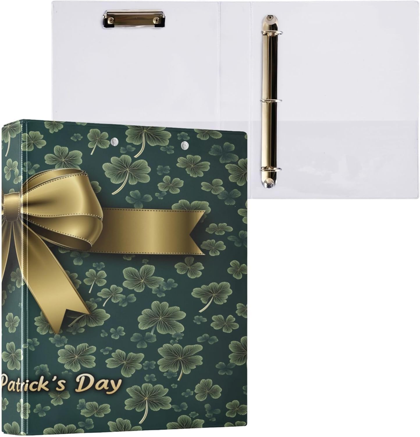 St. Patrick's Day Shamrock Bow 3 Ring Binders, 1.5” Round Ring Binders with Clipboard - Letter Size, 3 Interior PVC Clear Pockets & Anti-Slip Clip for Office School Supplies, 2PCS