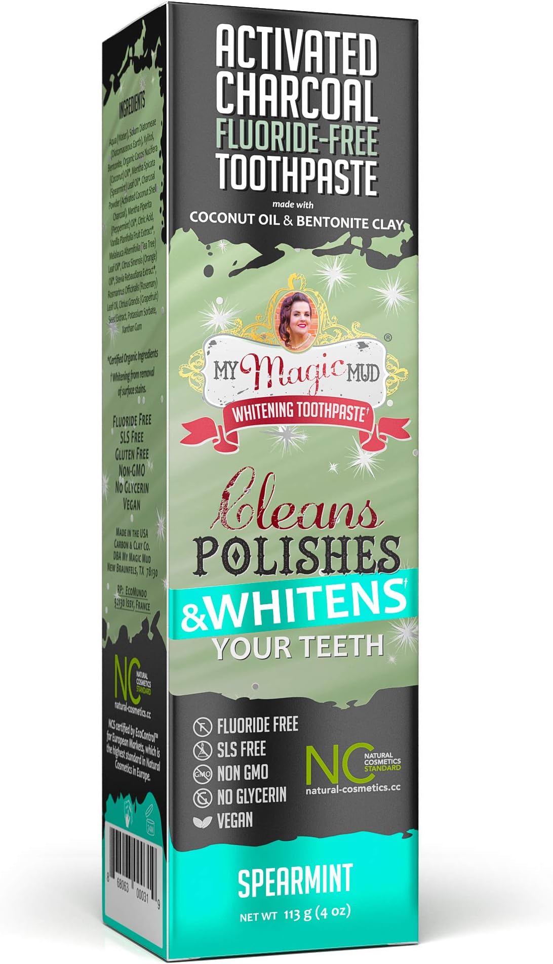 My Magic Mud Activated Charcoal Toothpaste for Whitening, Deep Cleaning, Polishing, Detoxifying, Brighter Teeth, Reduces Sensitivity, All Natural Oral Care, Non-GMO, Spearmint, 4 oz.