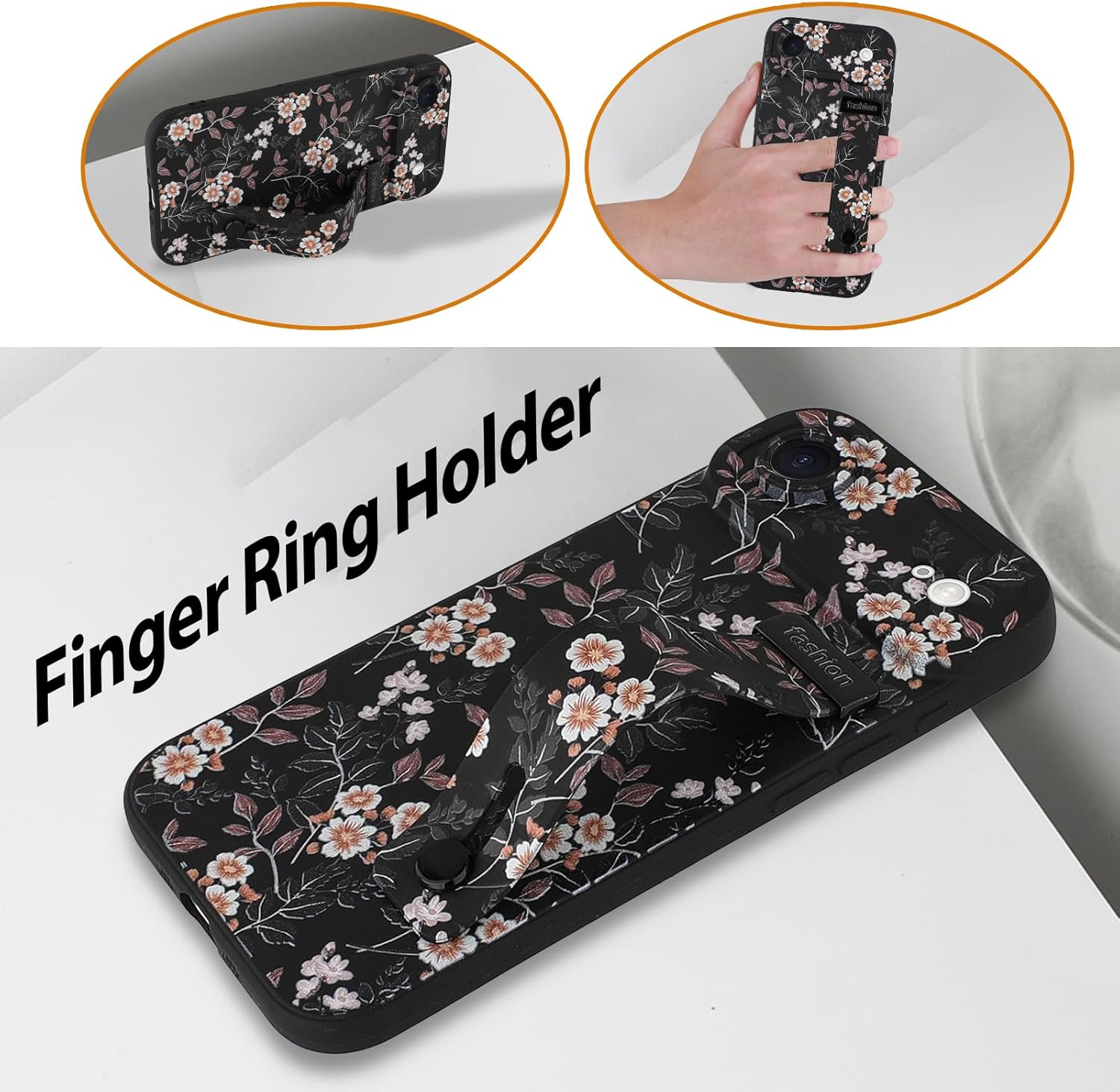 Compatible with iPhone Air Case for Women Men, Cute Flower Floral Pattern, Built in Adjustable Metal Wrist Strap Grip Hand Holder Kickstand Soft Silicone Cover 6.5 Inch, Black - Image 5