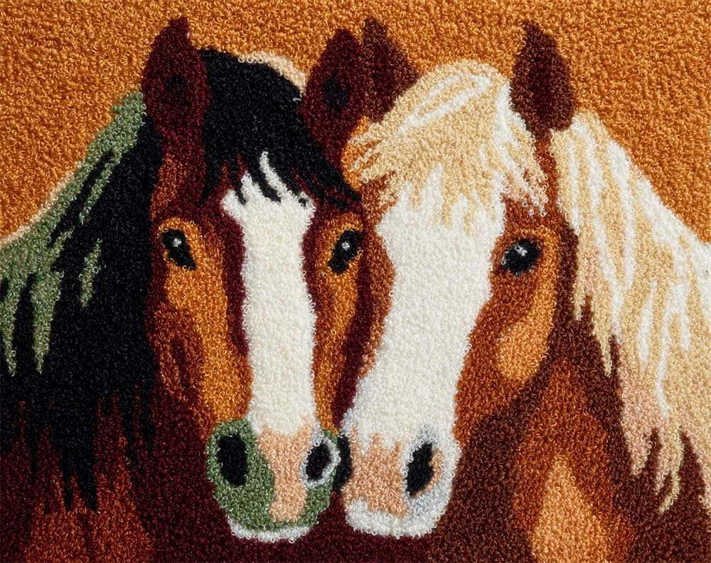 Kitquiver Latch Hook Kits for Adults Rug Two Horses Crafts Crochet Yarn with Pre-Printed DIY Handmade Embroidery Needlework for Home Decoration 15X20In