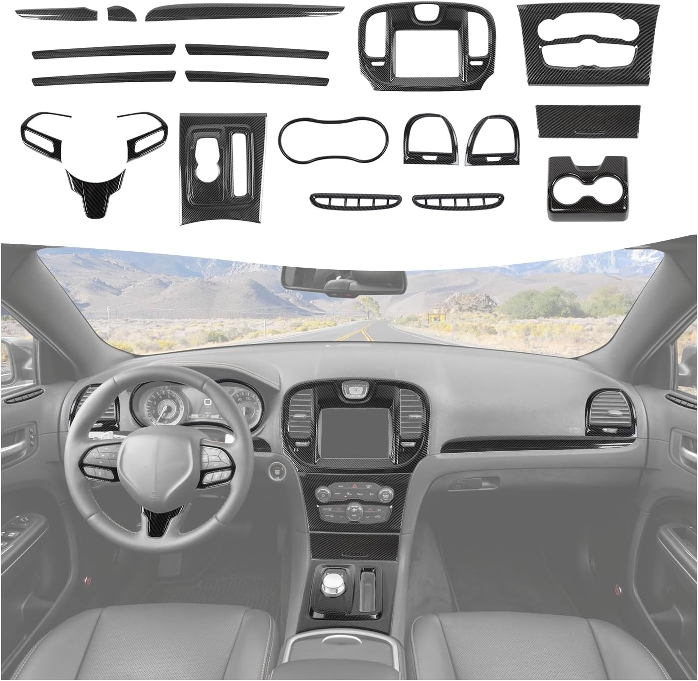 20Pcs Interior Trim Kit Cover Fit for 2015-2026 Chrysler 300C,Dashboard Air Vent Air Conditioning Switch Frame Roof Inner Door Handle Cover(Carbon Fiber)