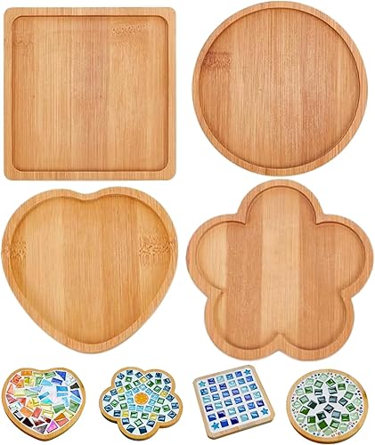 Atarvana - 4 posavasos de bambú para manualidades, 4 formas, posavasos en blanco para manualidades recubiertos y duraderos posavasos lisos