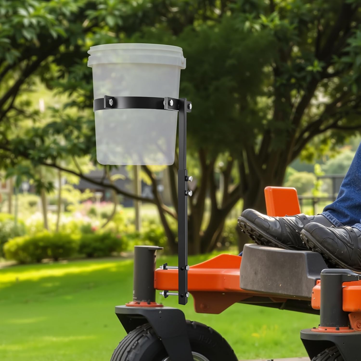 5 Gallon Trash Bucket Holder, Adjustable Height: 19.3–28.3'', Clamp-On Bucket Storage Mount for Zero Turn Mowers, Heavy-Duty Steel Frame