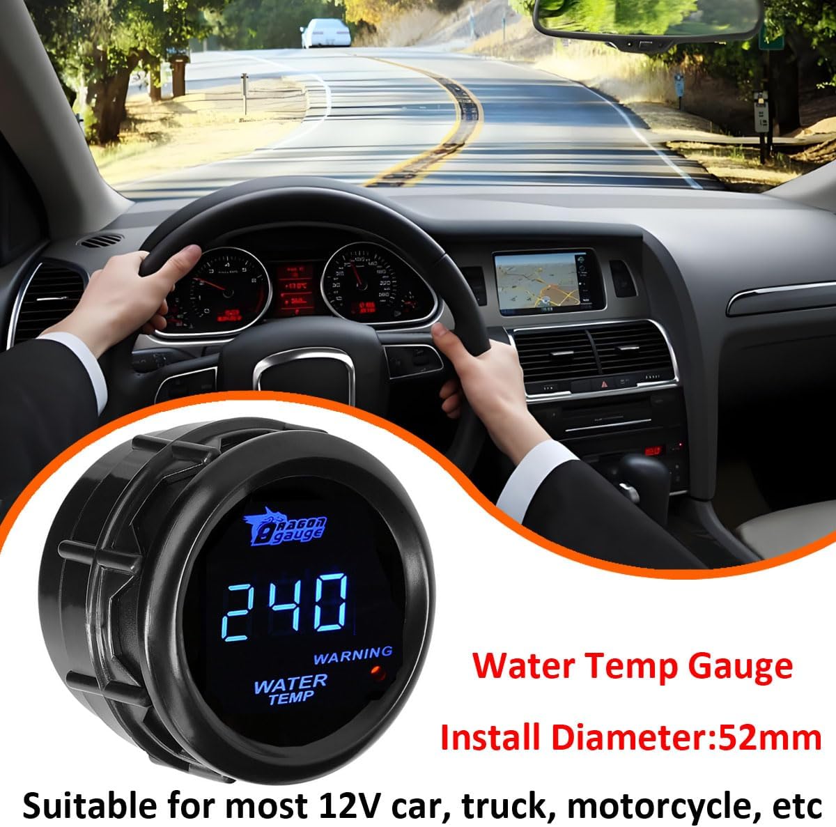 Car Water Temperature Gauge 12V Auto Water Temp Gauge Fahrenheit 2" 52mm Meter Digital Blue Light Instruments 104 to 302 F with Sensor