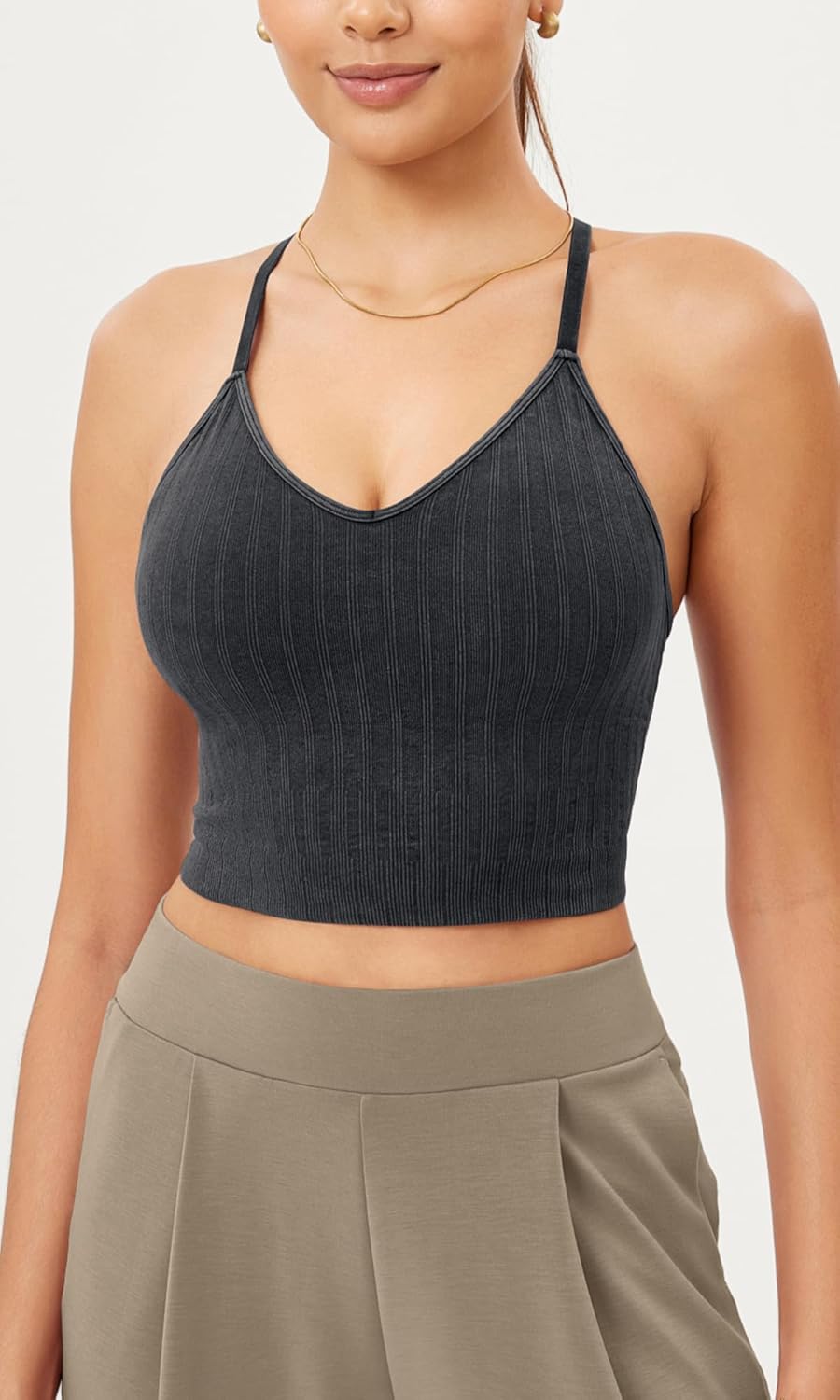 ODODOS Seamless Padded Sports Bra for Women Strappy Longline Wirefree Brami Ribbed Crop Tank Tops - Image 2