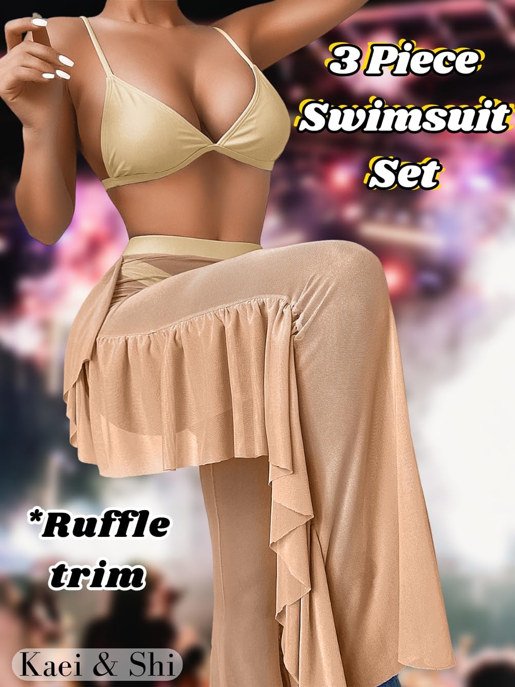 Kaei&Shi Beach Coverups,High Waisted 3 Piece Swimsuits,Sheer Ruffle Cover Up Pants Swimwear Women Pool Rave Festival Outfits