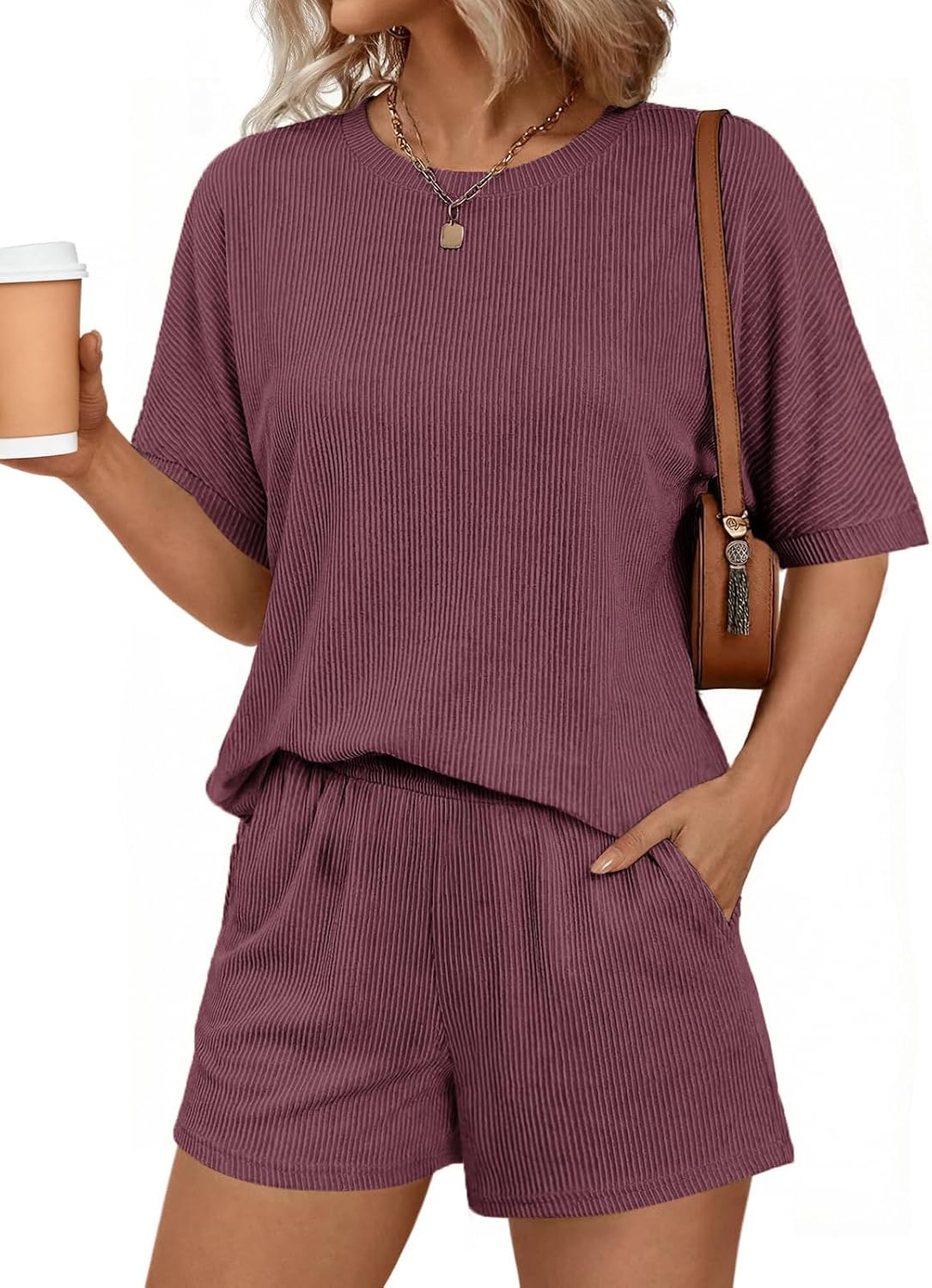 Ekouaer Two Piece Sets for Women Summer 2026 Lounge Sets Matching Outfits | Short Sleeve Ribbed Summer Sets 2 Piece Vacation Outfits Beach Short Sets Cruise Outfits Airport Travel Clothing with Pocket