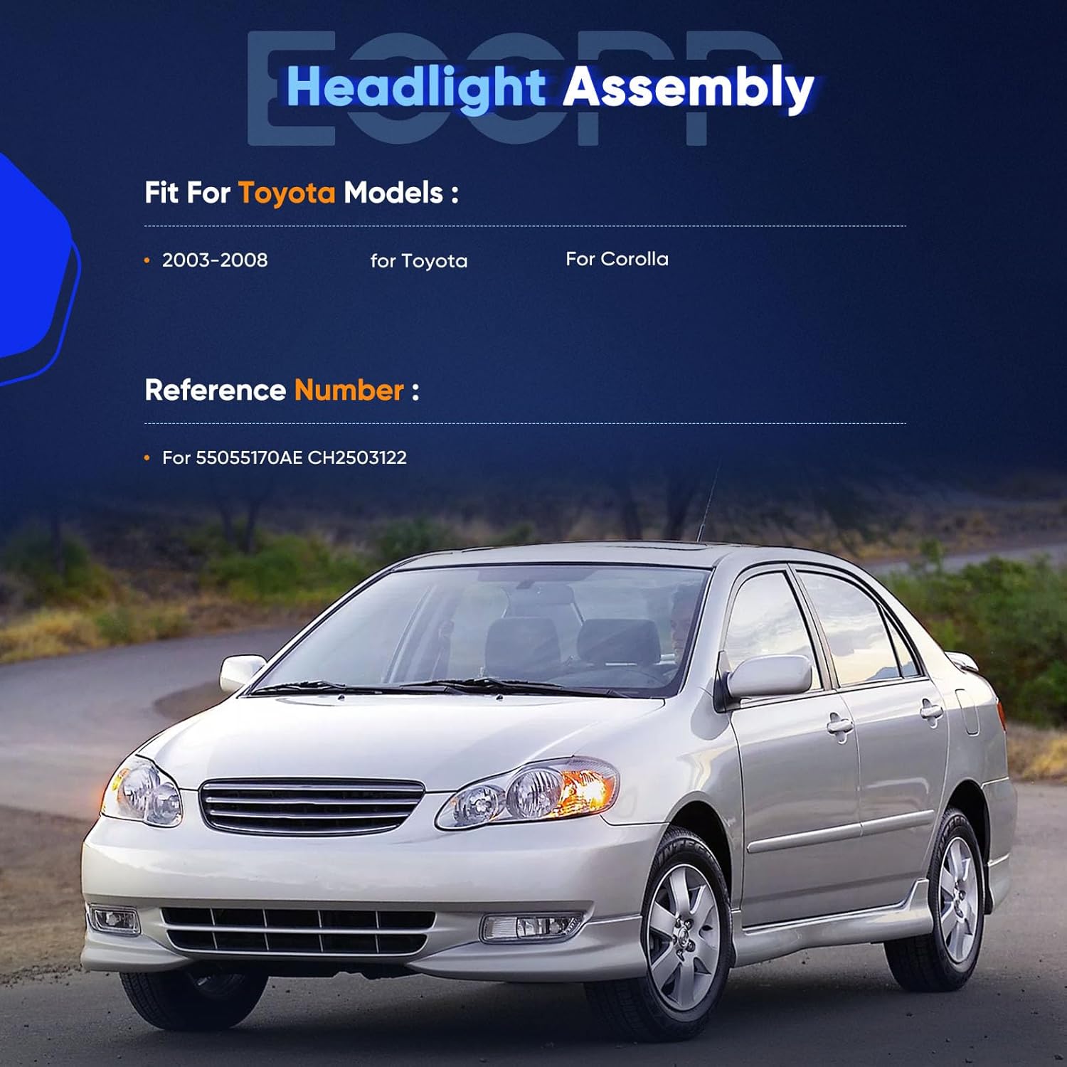 ECCPP Headlight Assembly Pair For Toyota Corolla 2003-2008 Chrome Housing Amber Reflector Clear Lens Driver and Passenger Side Replacement Headlights