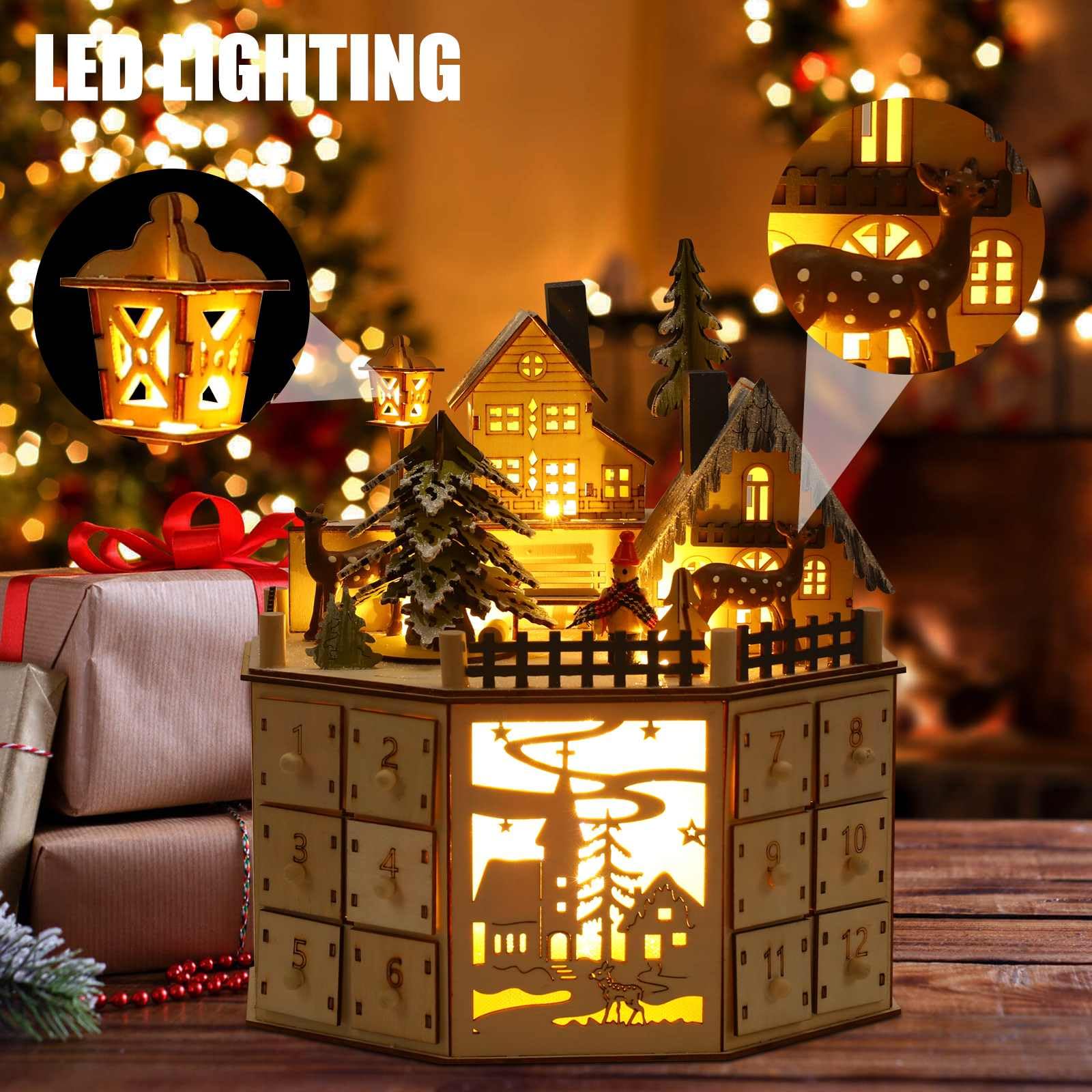 Adventskalender aus Holz, Weihnachts-Adventskalender mit Musik, elegante Weihnachtsdekoration – ein unvergessliches Geschenk für Büros und Häuser (gelb)