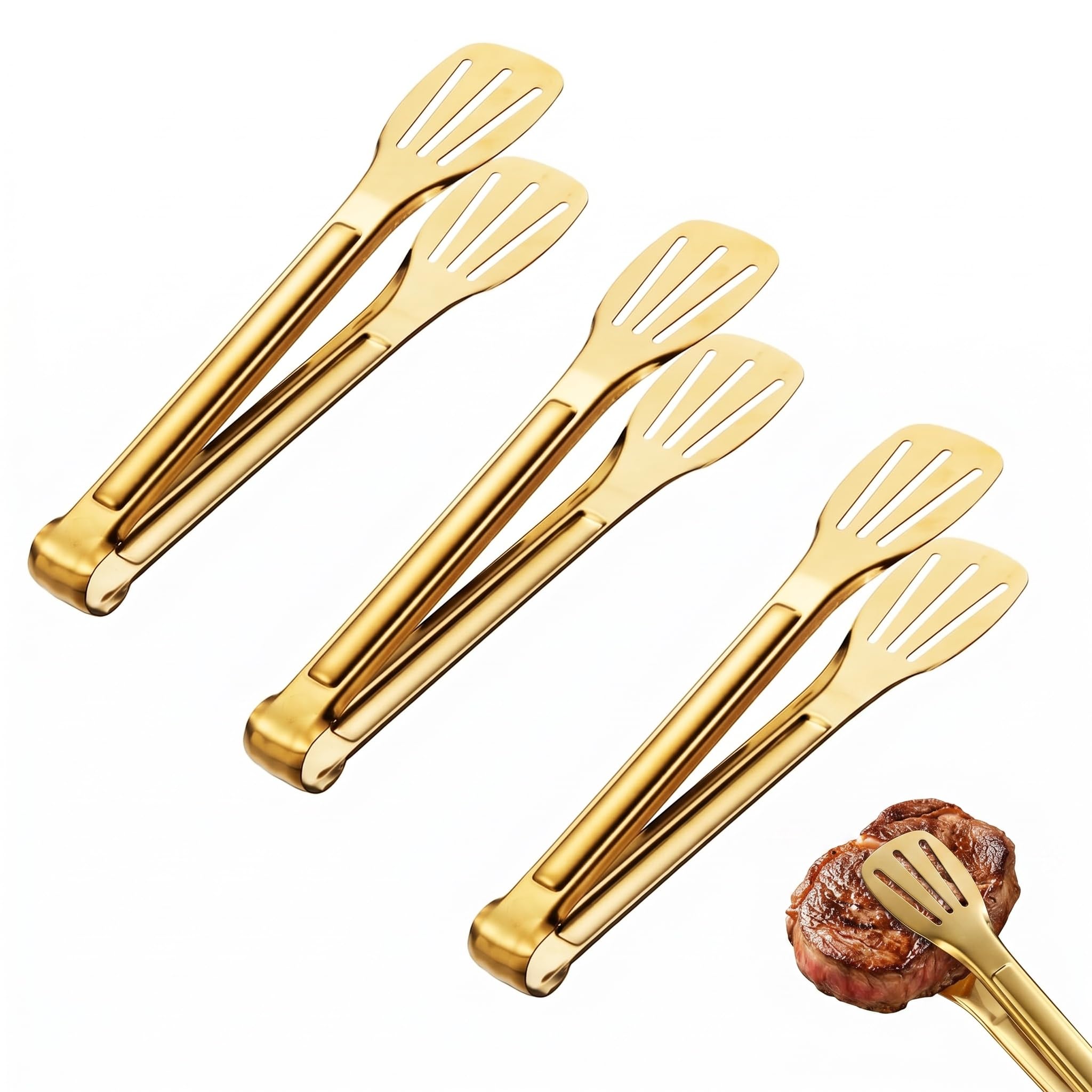 3 Pcs Gold Tongs, 7 Inch Stainless Non-Slip Handle Kitchen Buffet