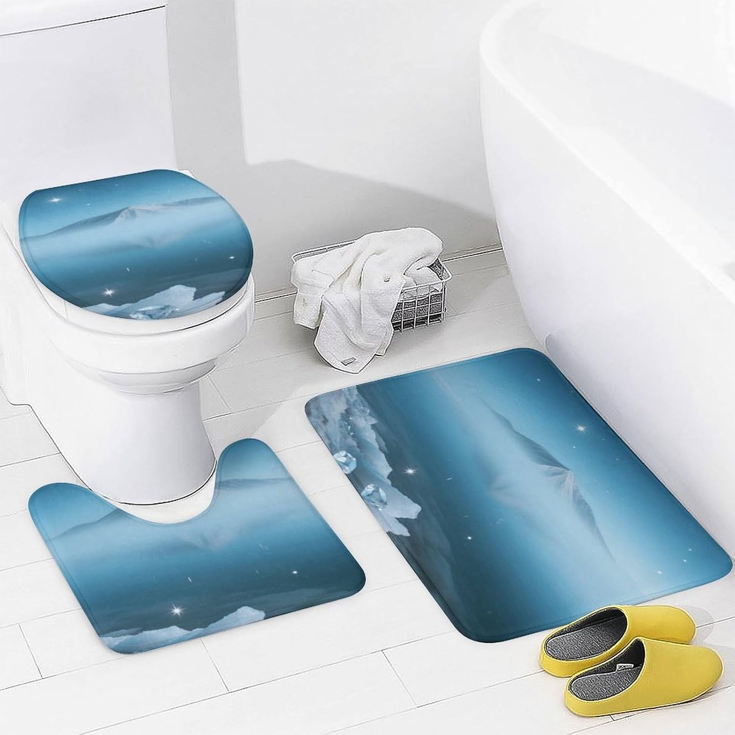 Diamond Snow Mountain Reflections Bath Rug Set 4 Piece,Bathroom Accessories Set-Toilet Rugs U Shaped,Toilet Lid Cover,Shower Curtain and Rugs,Ultra Soft, Absorbent,Home Decor