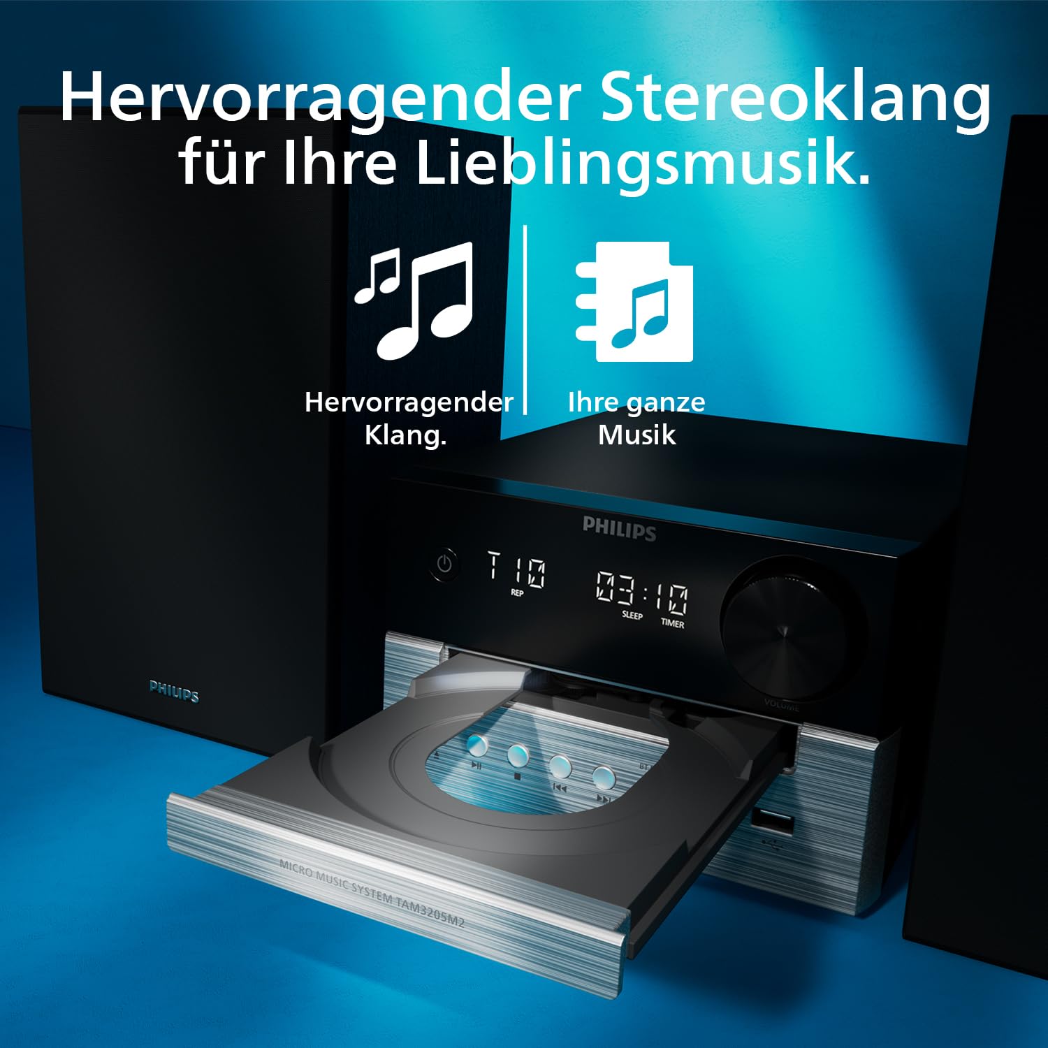 Philips TAM3205M2 HiFi Mikromusik-Anlage, Bluetooth-fähig, CD-Player, USB, Auracast FM Radio, 85% PCR-Material