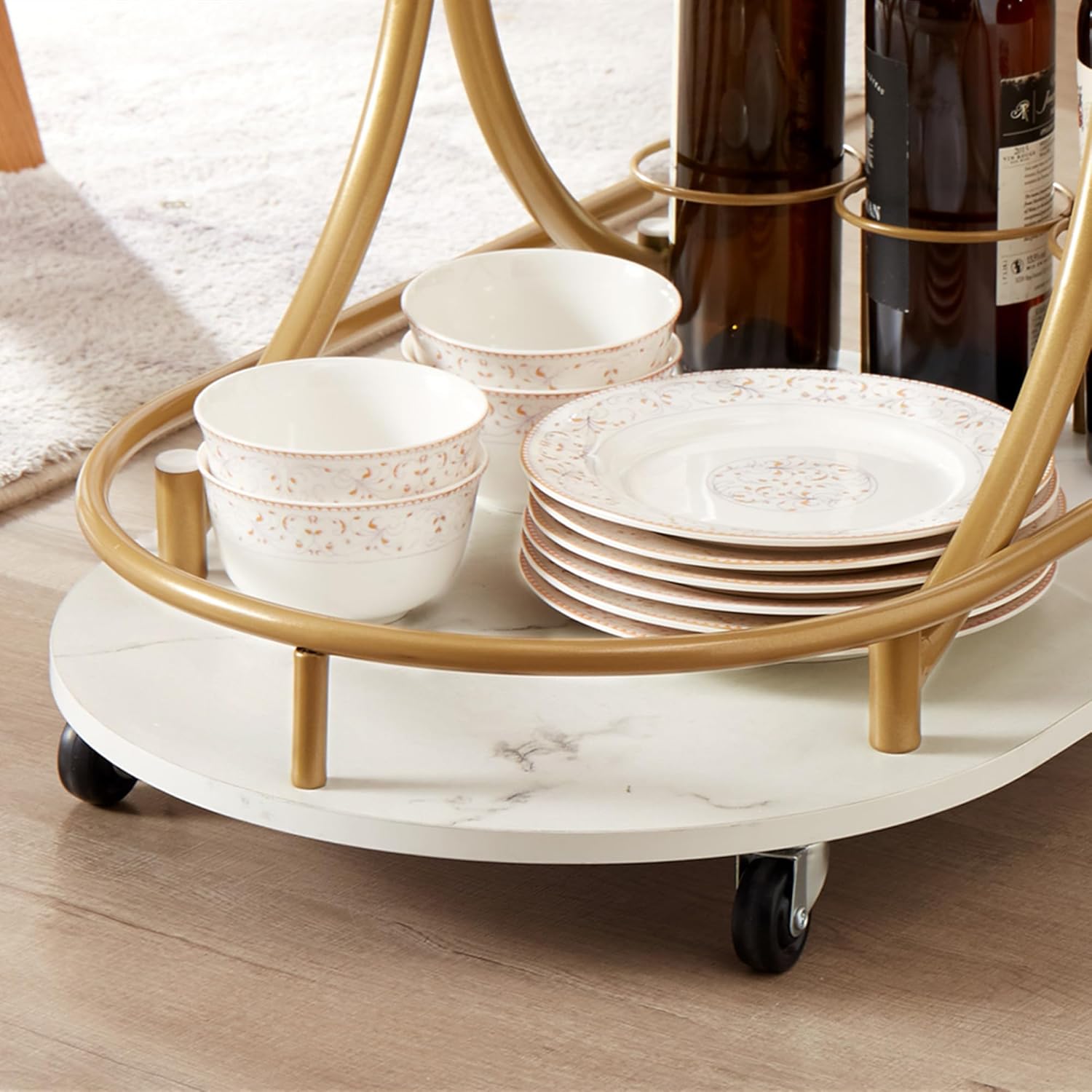 mikibama Modern Bar Cart with Wine Rack for The Home Portable Mini Bar Table for Living Room Golden Metal Wooden Small Serving Trolley Bar Carts for Tea,Liquor with Wheels (Golden Faux Marble)