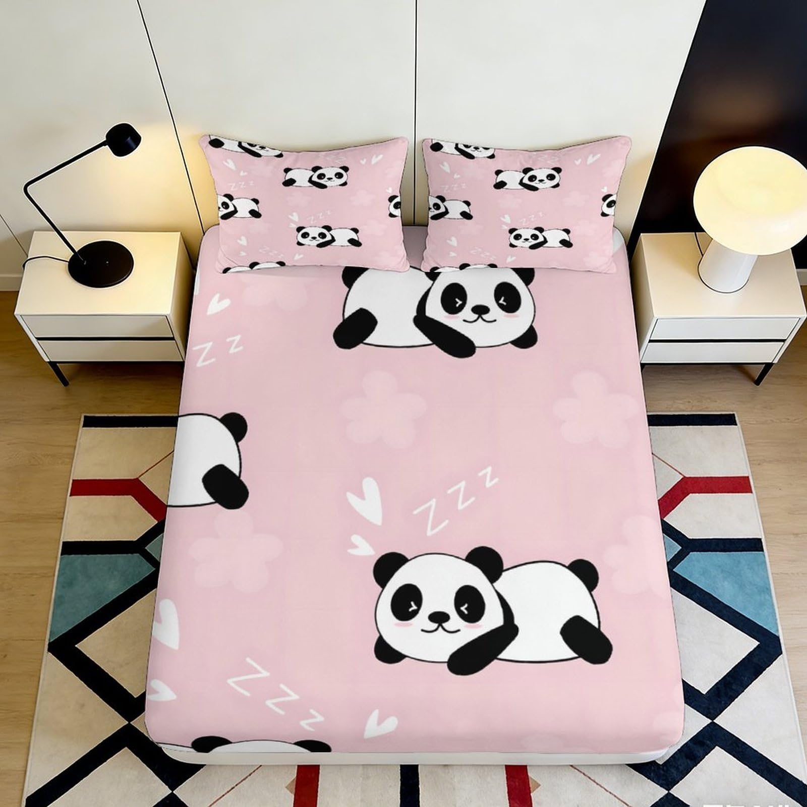 3D Printed Cute Panda Fitted Sheet Microfiber Soft Pink Cartoon Bed Cover for Bedroom Guest Room Mattress Decor 90x200x25cm
