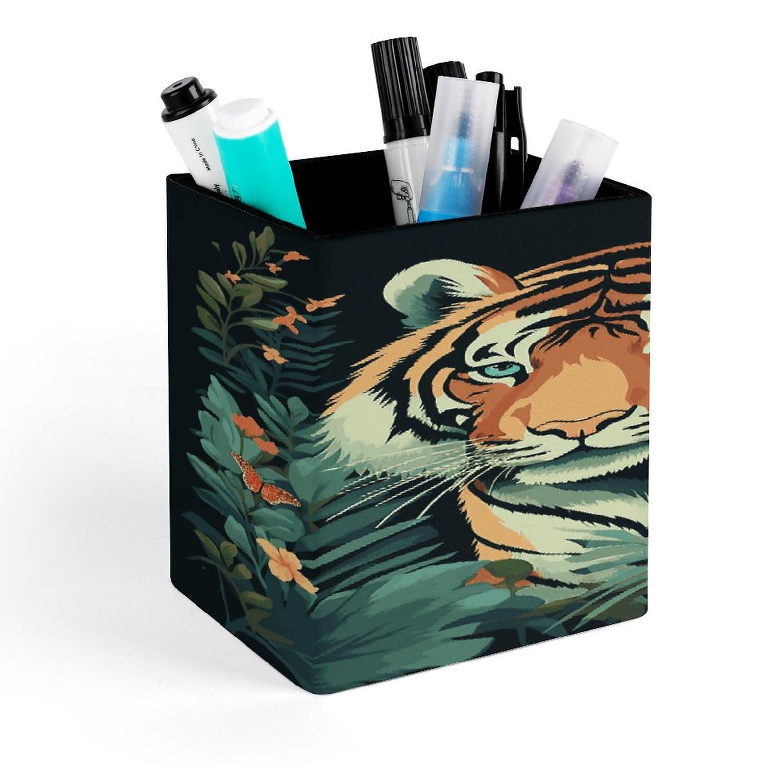 JTREHY Butterfly And Tiger Pen Holder Square Pen Pencil Holder Makeup Brush Holders Cup PU Leather Pencil Cups Desktop Caddy Stationery Organizer Case Office Accessories Container Box