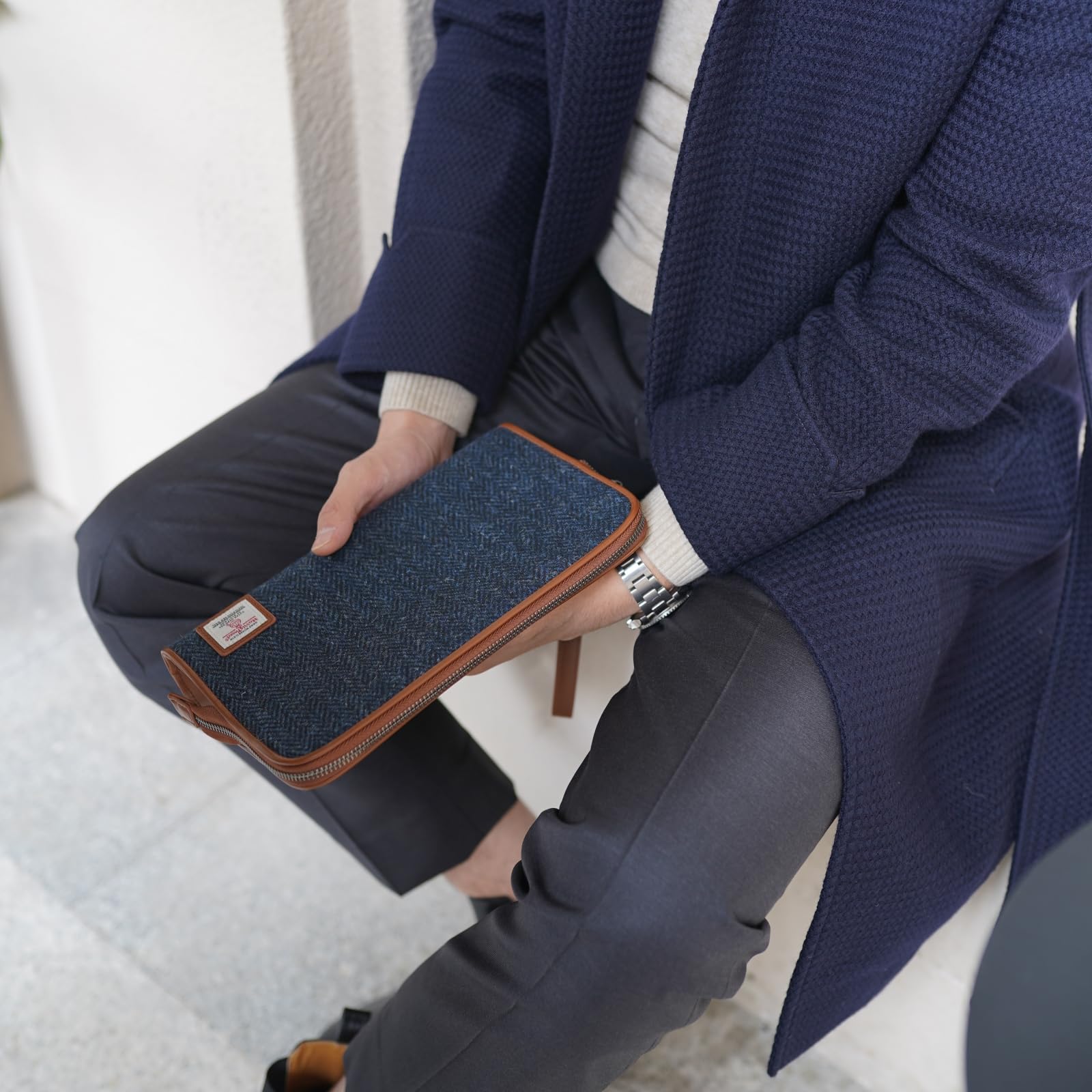 TAILORMAP Harris Tweed - Pochette da uomo in lana e pelle, borsa da polso da lavoro, grande borsa a busta
