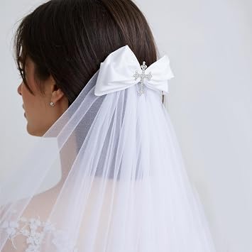 2PCS Girls First Communion Veil with Rhinestone Cross White Satin Bow Two-Tier Design Veil Glove Set Hair Bride Hair Accessory Hairband Glove Set