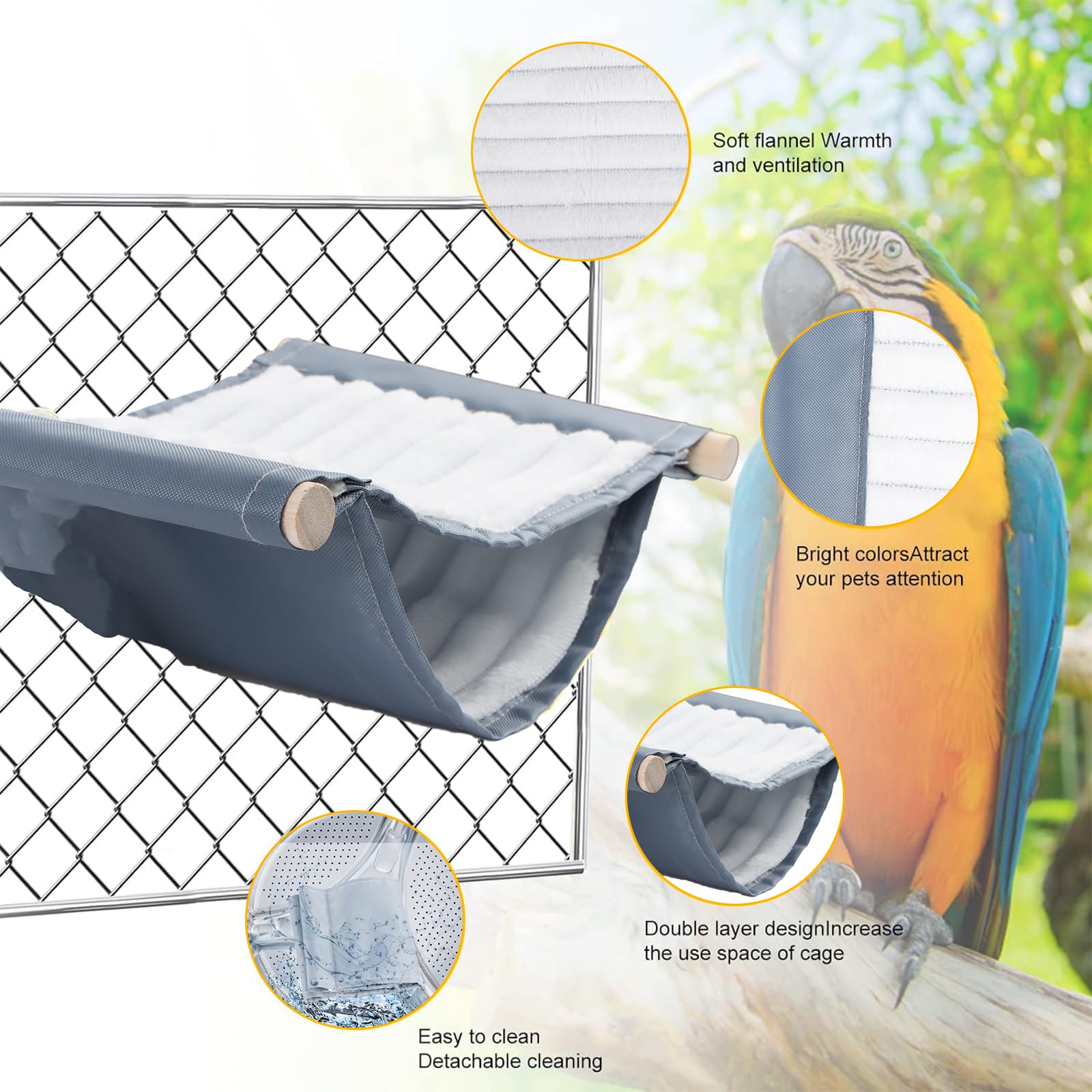 Hamac pour oiseaux - Nid d'oiseau - Grottes - Cage à oiseaux - Accessoires - Jouet - Nid d'oiseau - Lit superposé - Hamac suspendu pour perruches, calopsittes, pinsons, hamsters, gerbille (gris)