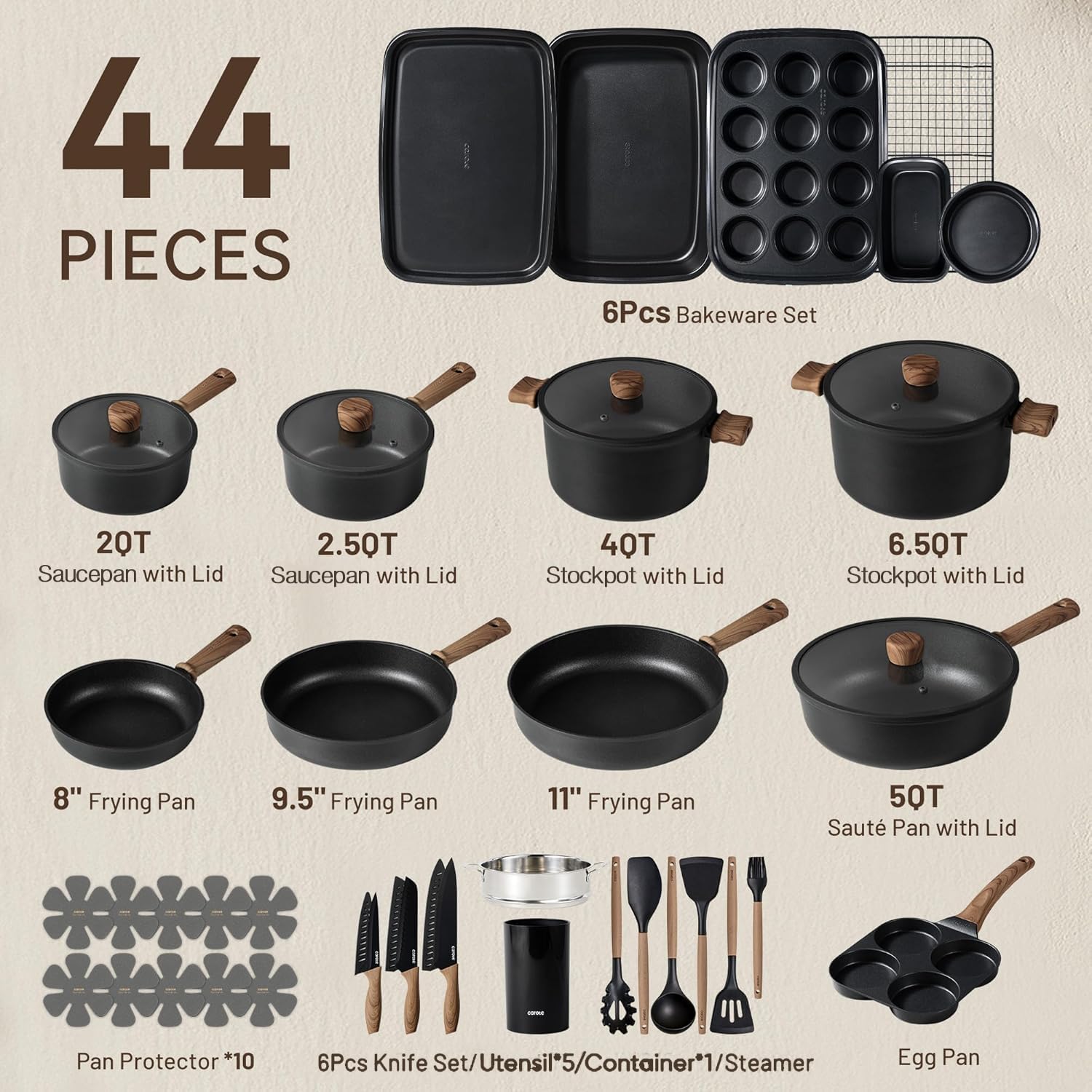 CAROTE 44pc Nonstick Cookware Set - Bakeware Included -2 CAROTE 44pc Nonstick Cookware Set - Bakeware Included -2